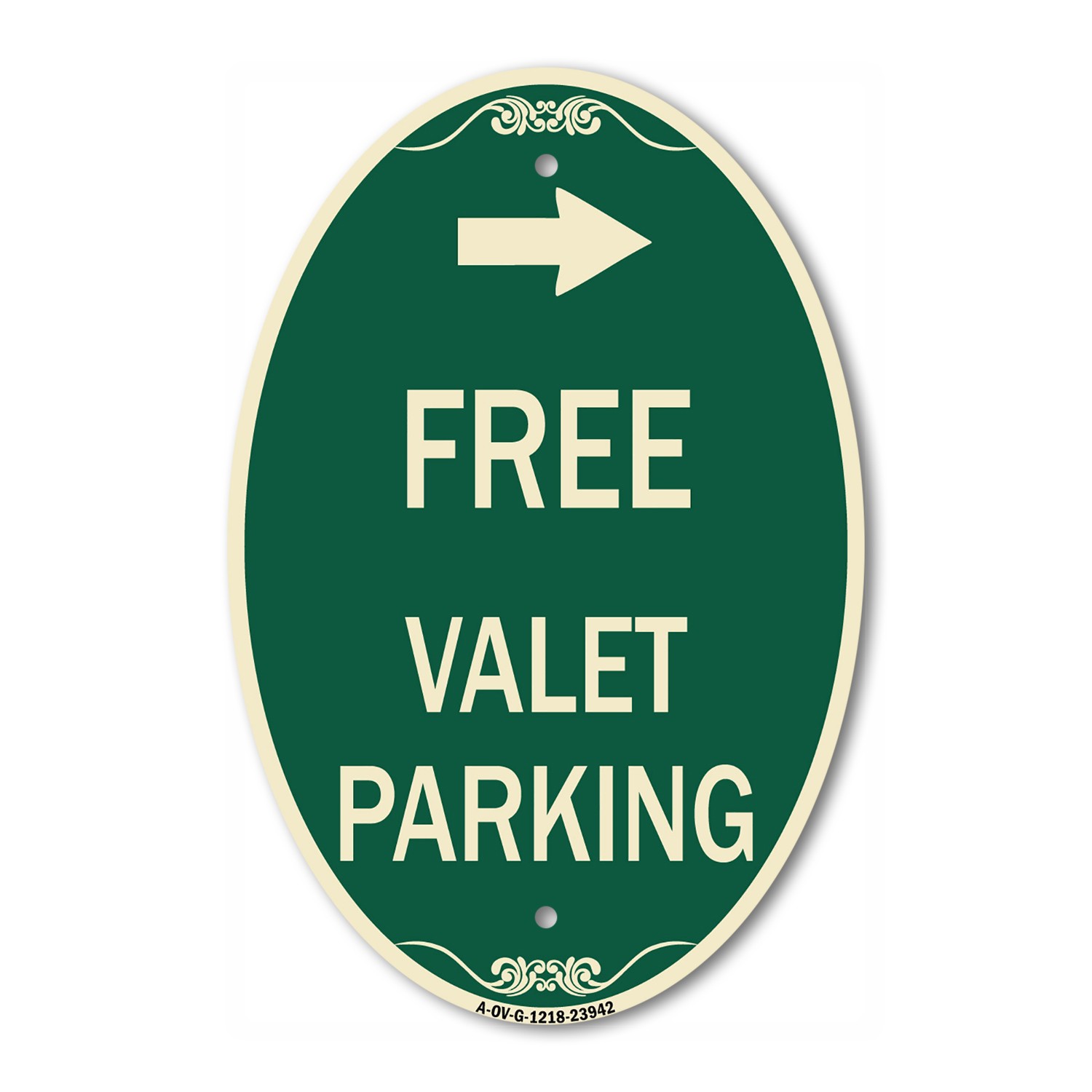 Free Valet Parking with Right Arrow 12&Prime; x 18&Prime; Green & Tan Aluminum Oval Sign