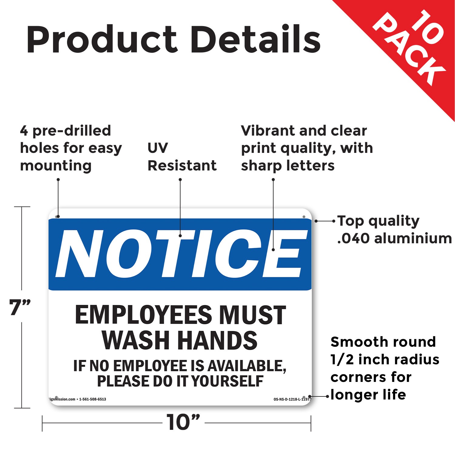 Employees Must Wash Hands If No Employee OSHA Notice Sign, Decal 5 or 10 Pack