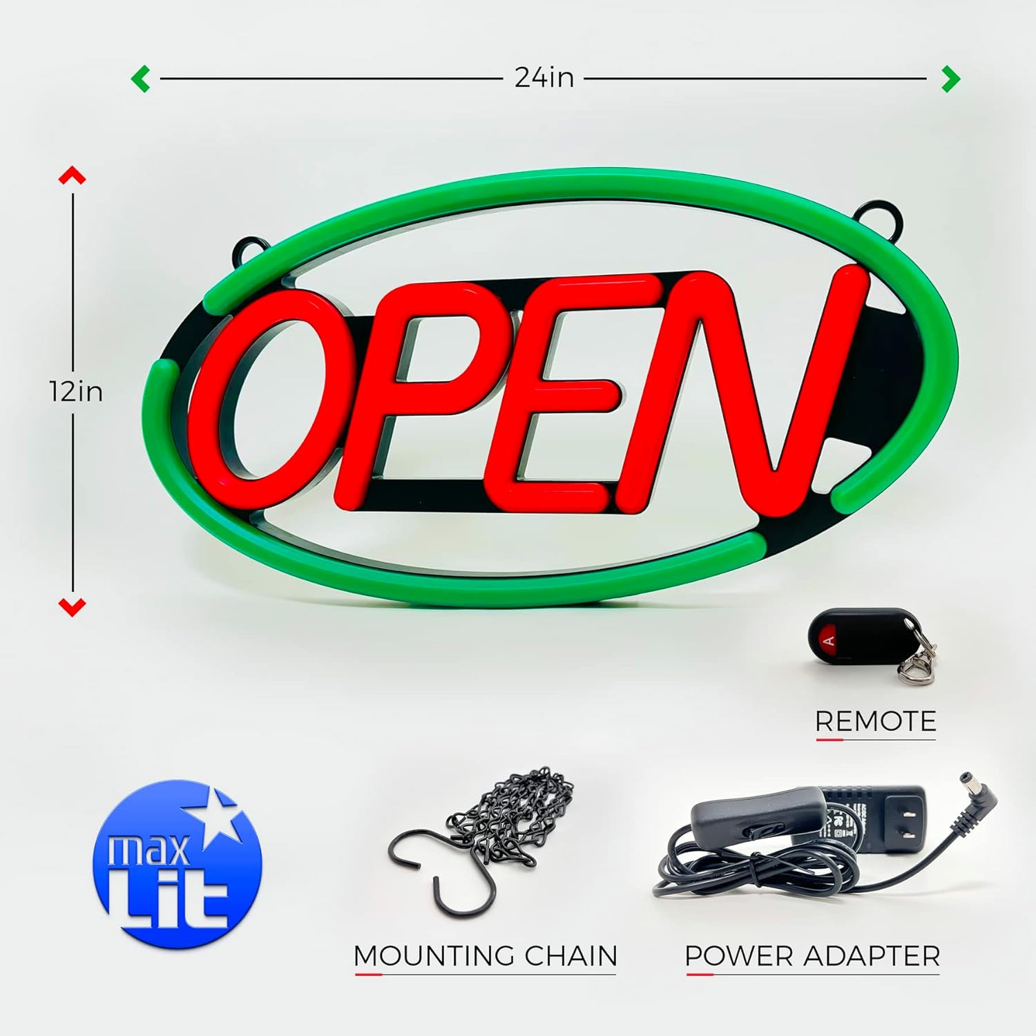 Large Oval LED Neon Open Sign – 24&Prime; x 12&Prime; (Green/Red)