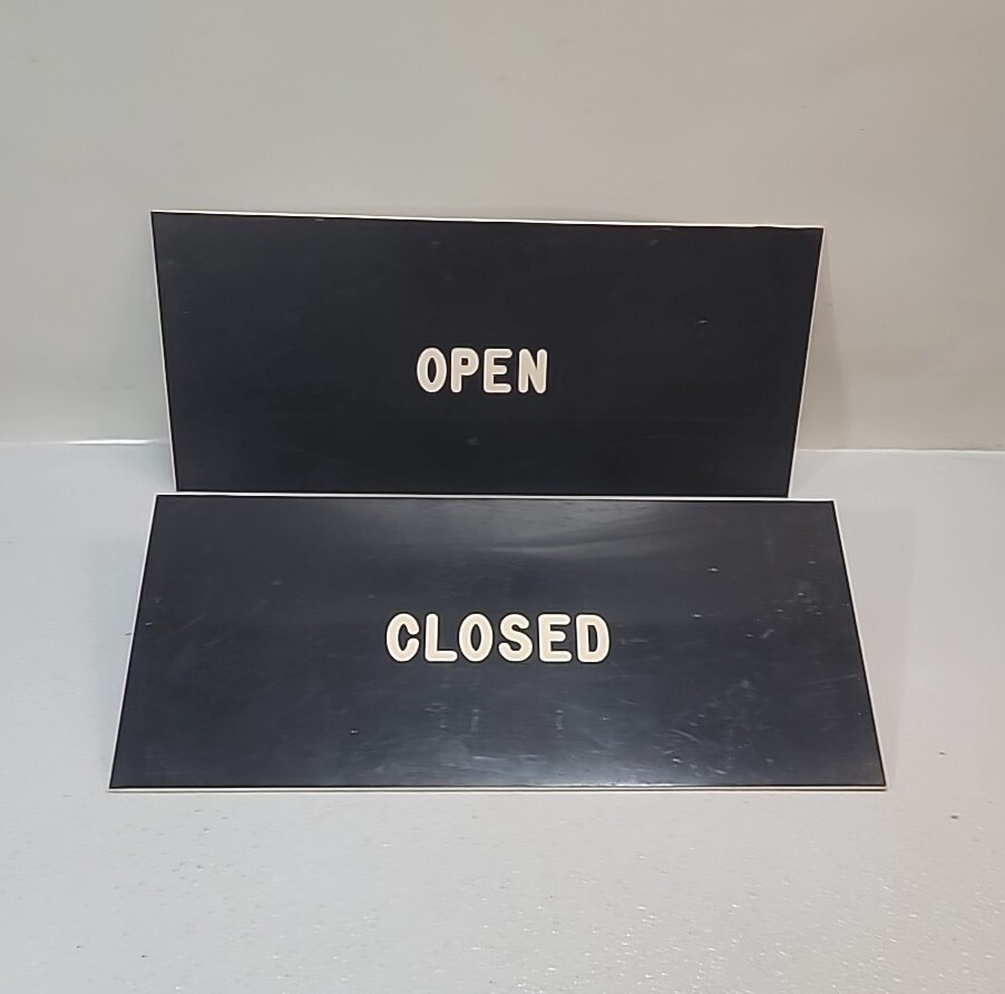 Set of Vintage OPEN / CLOSED White Letters On Black Double Sided 18&Prime; x 8&Prime;