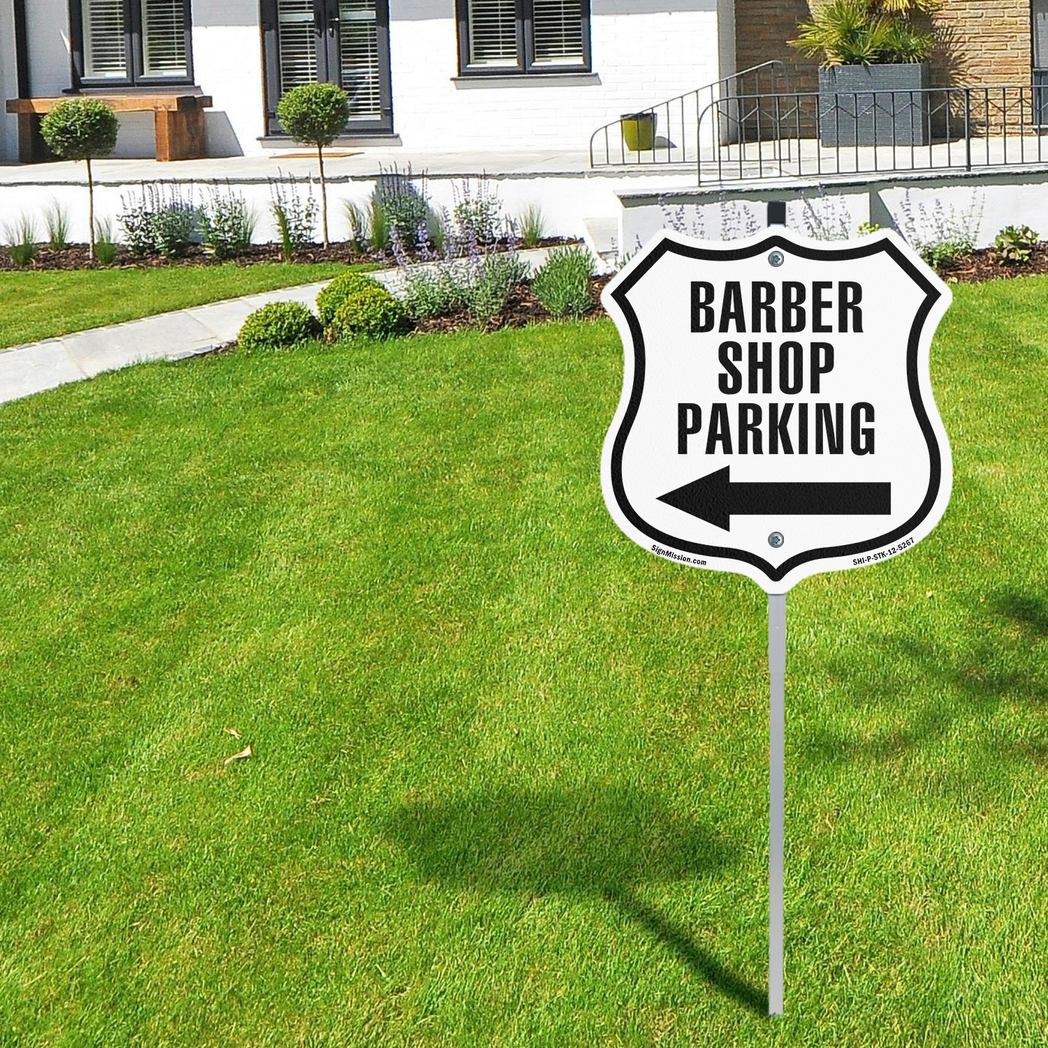 Barber Shop Parking Right Arrow Shield Shaped Sign With Stake Weather Resistant