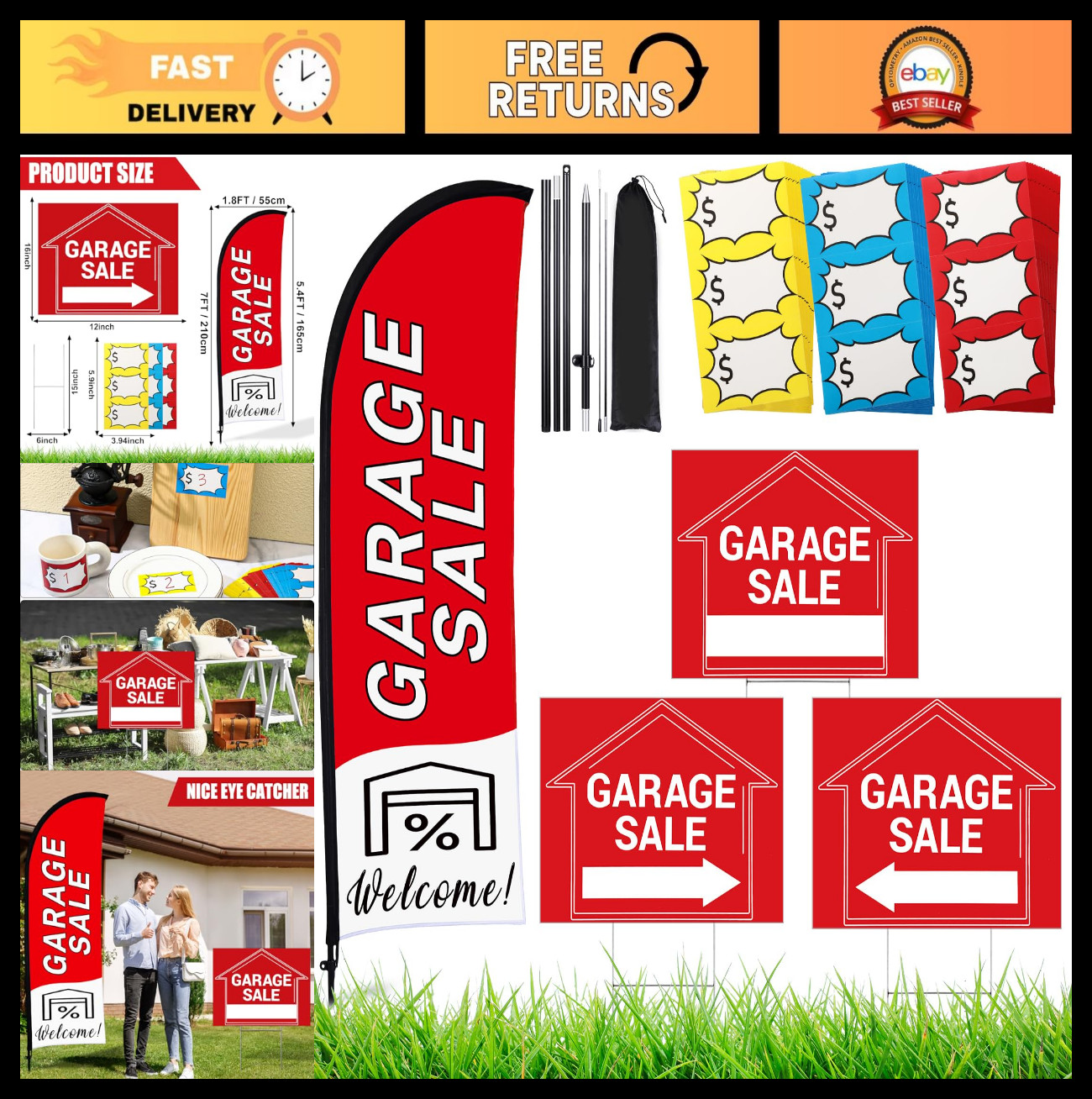 Garage Sale Signs Set with Flag & Poles, 3 Double-Sided Directional Arrows, 150