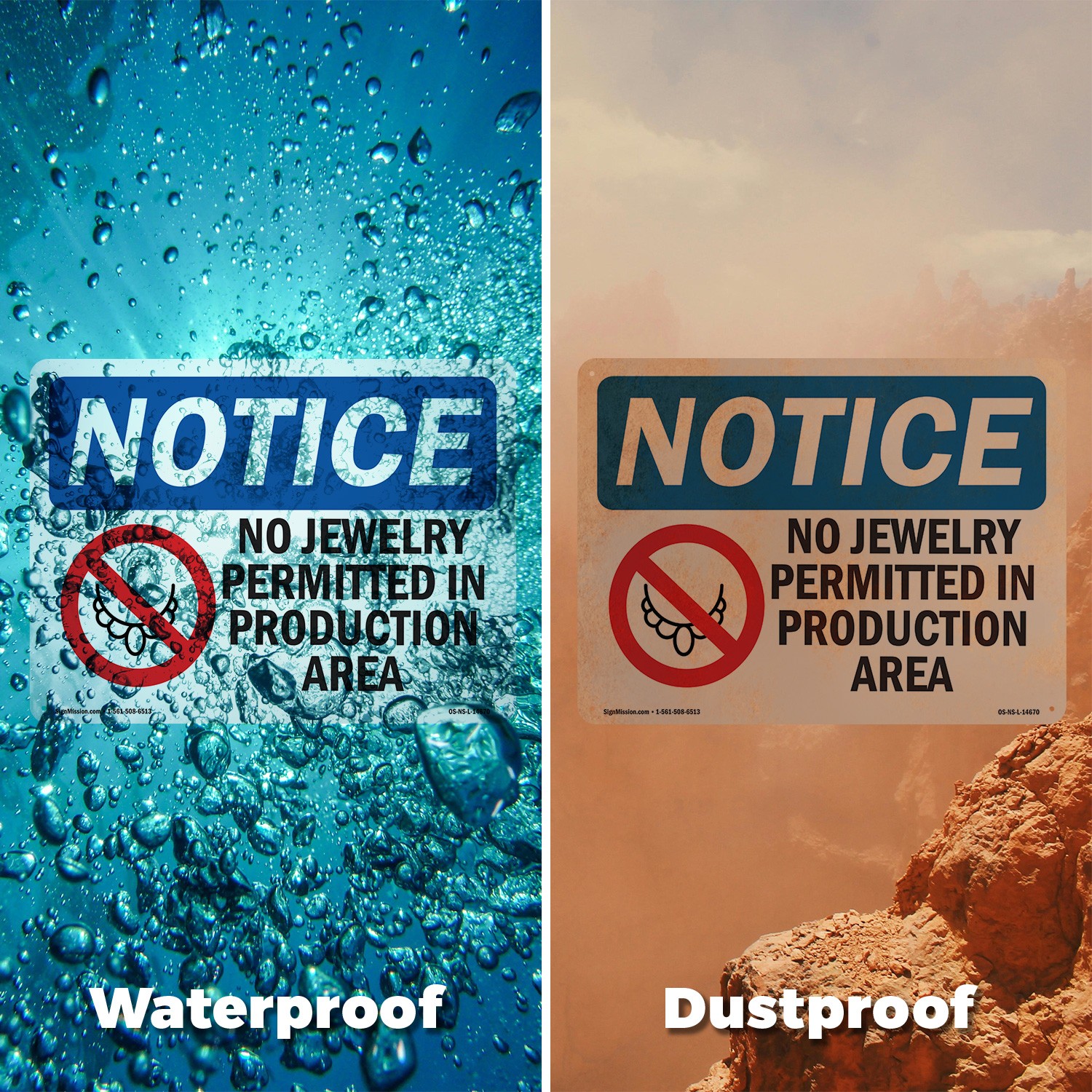 No Jewelry Permitted In Production OSHA Notice Sign Metal, Decal – 5 or 10 Pack