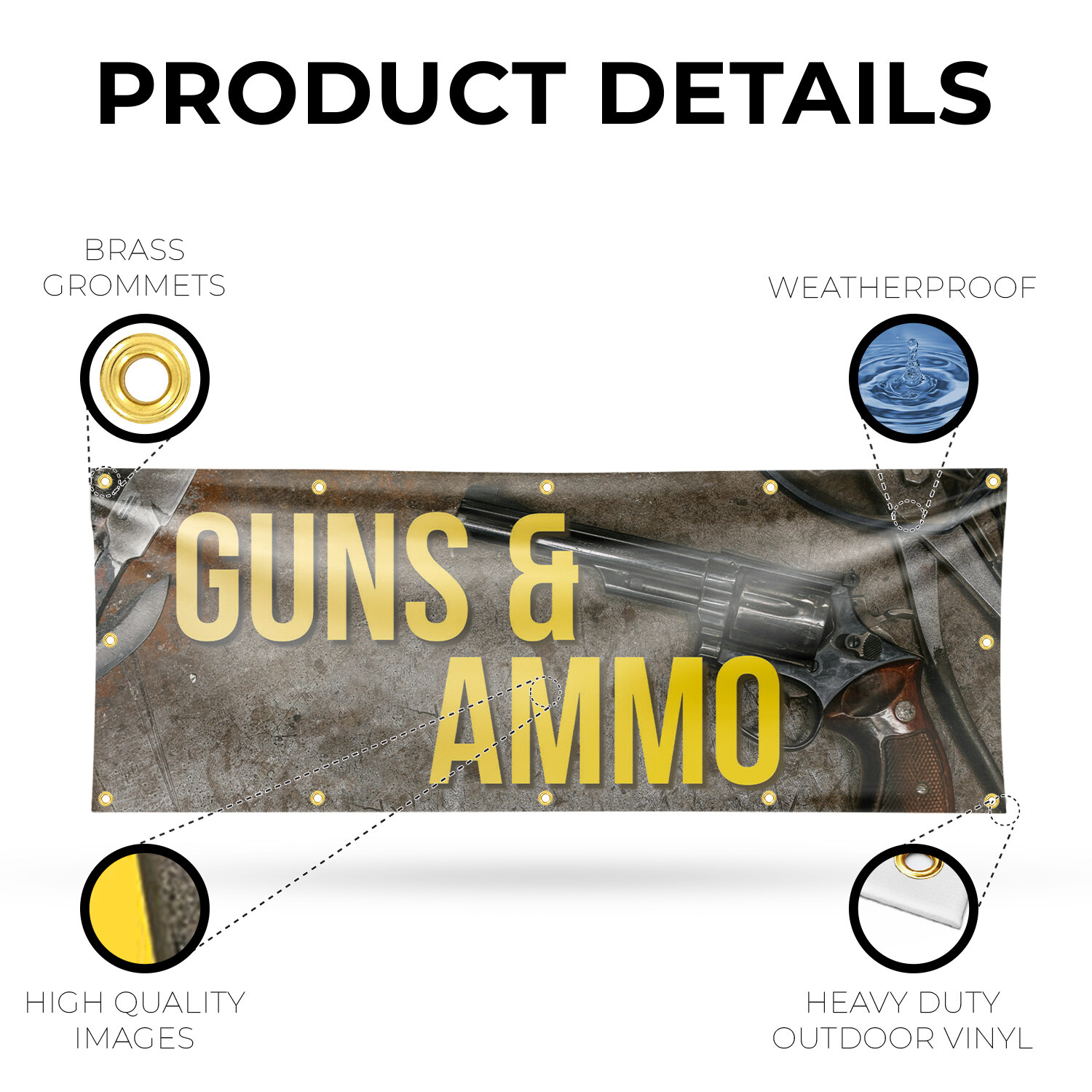 Guns Ammo 13 oz Vinyl Banner Sign with Metal Grommets Heavy-Duty Single-Sided