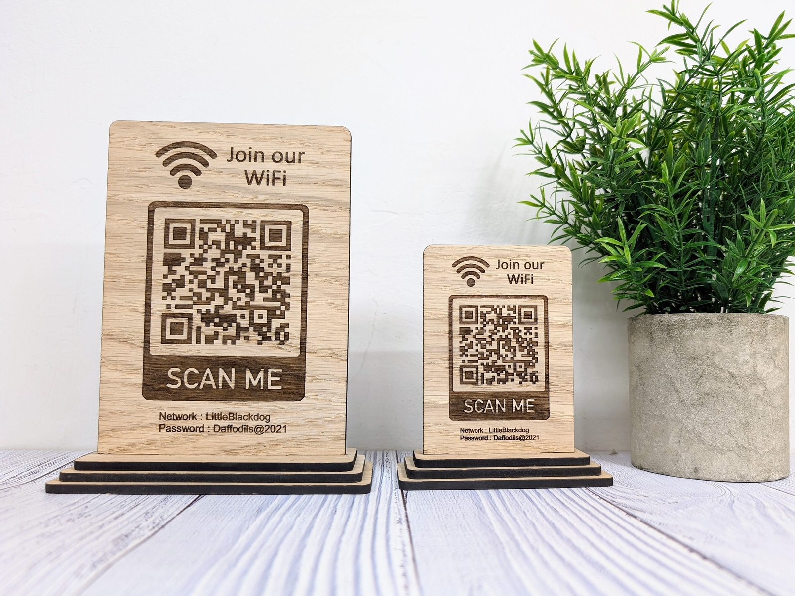 Wooden WiFi QR Code Sign, Network Password Table Display, 2 Sizes, 1 or 2 Sided