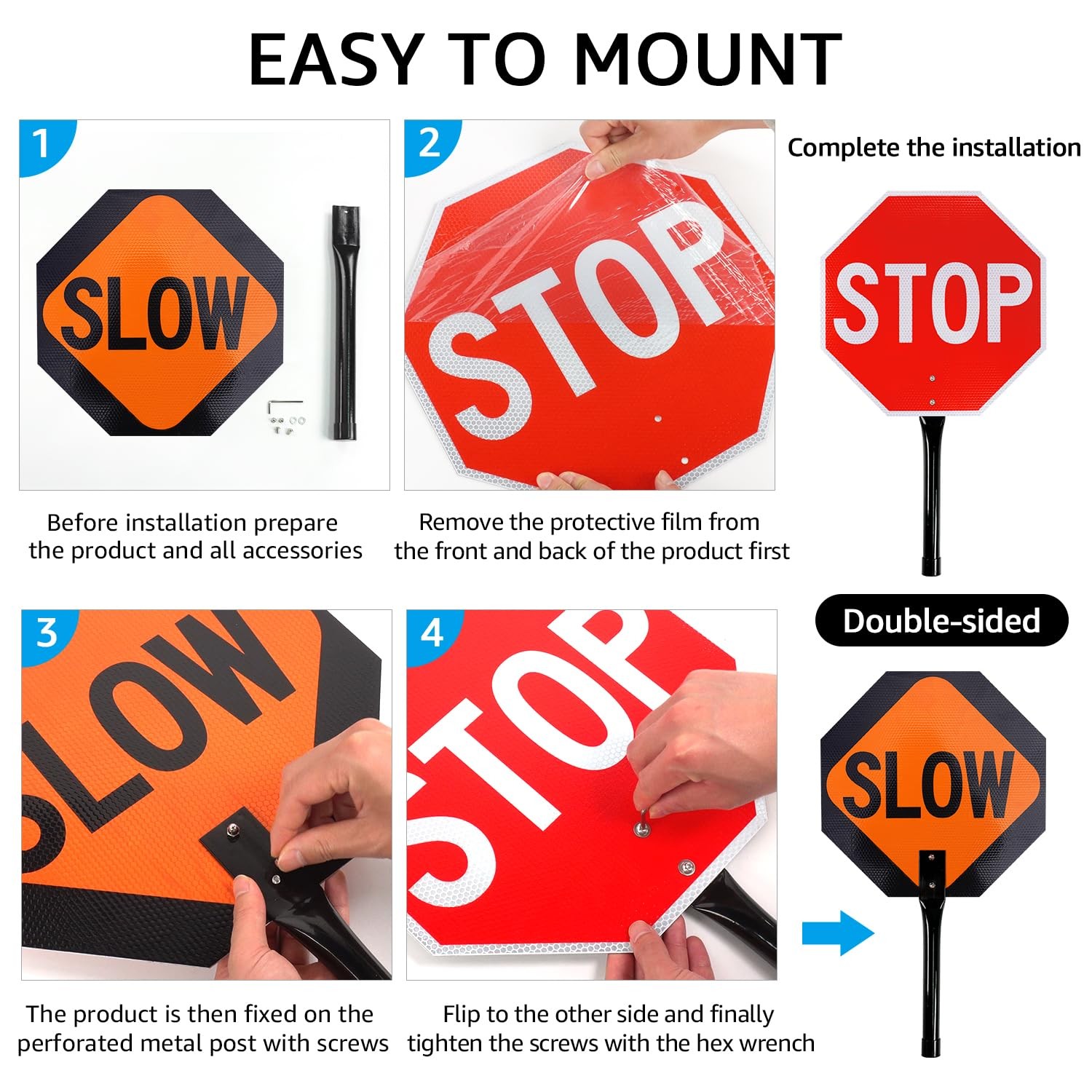 2 Pack Stop Slow Sign with Metal Handle, 13×13 inches Double Sided Slow/Stop …