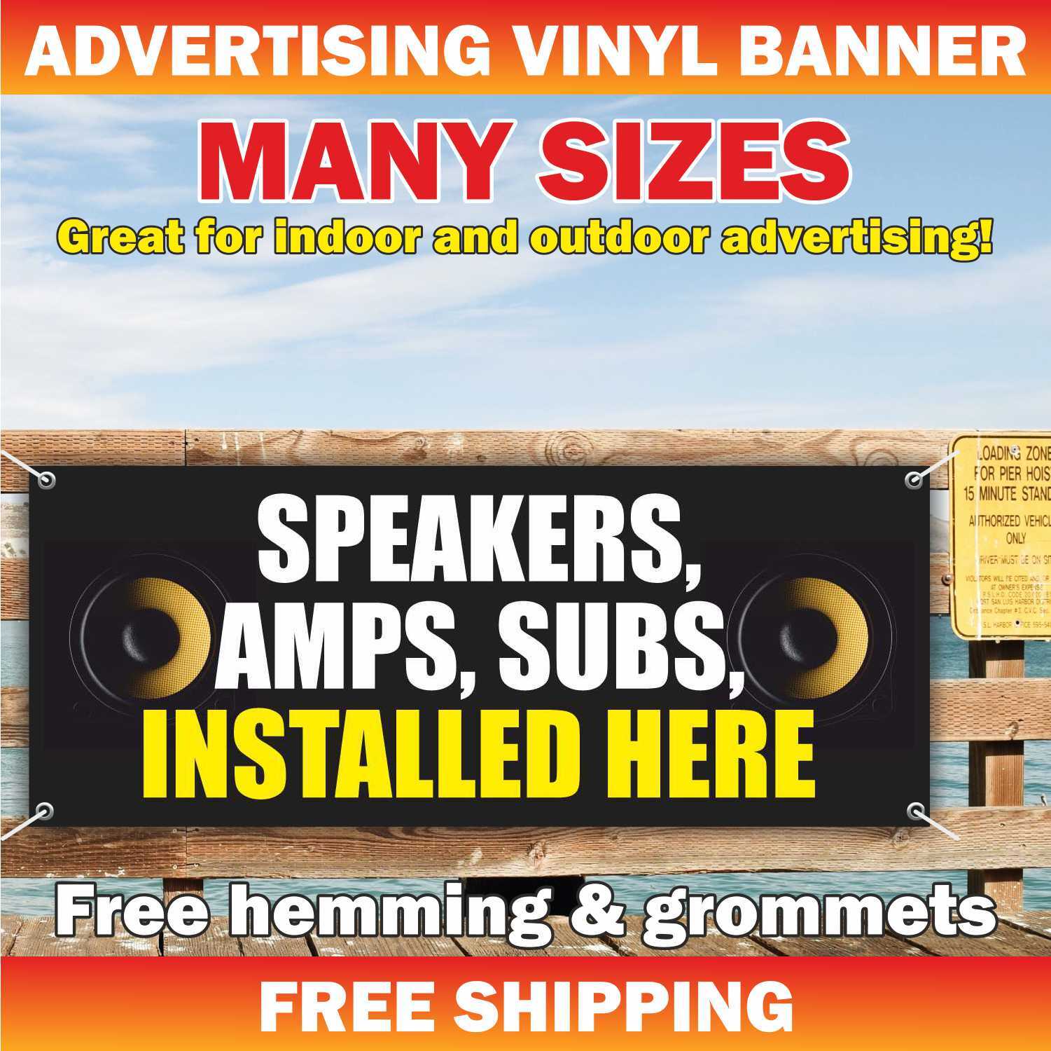 SPEAKERS AMP SUB INSTALLED HERE Advertising Banner Vinyl Mesh Sign Sound Service