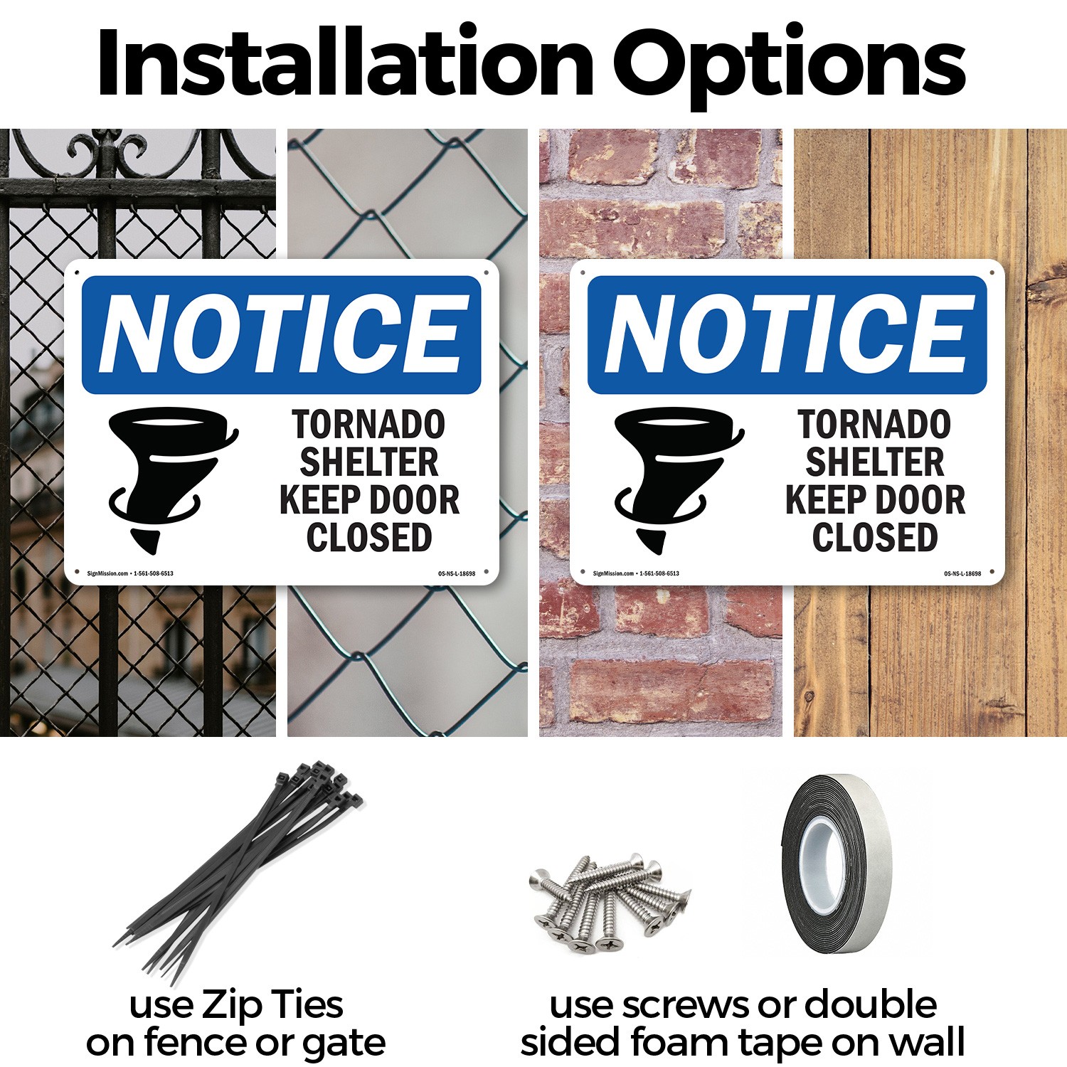 Tornado Shelter Keep Door Closed OSHA Notice Sign Metal, Decal – 5 or 10 Pack