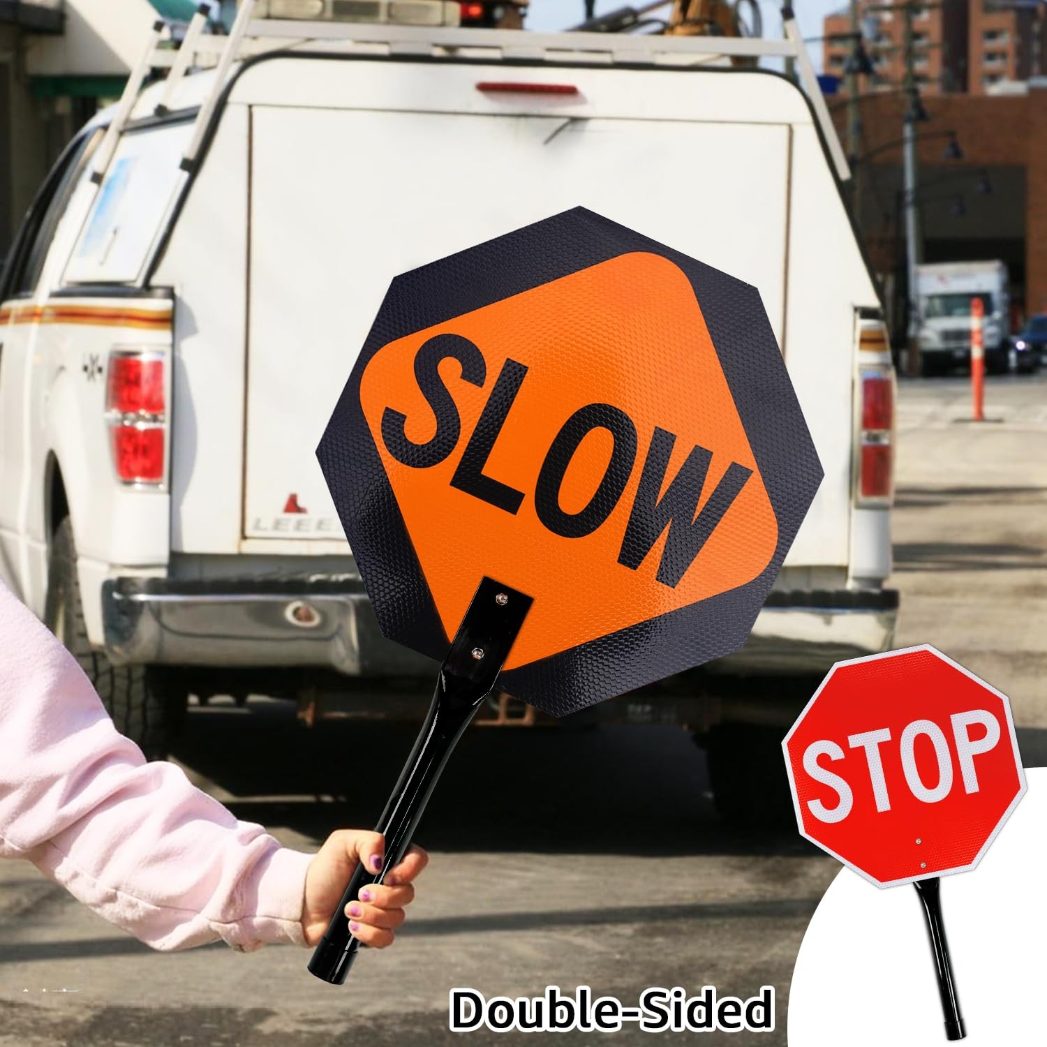 1 PCS Stop Slow Sign Metal Handle 13×13 Inch Double Sided Reflective Traffic
