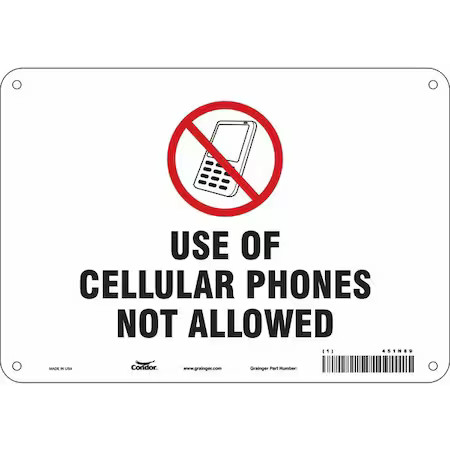 Zoro Select 451N89 Safety Sign Cell Phone, 7 In H, 10 In W, Fiberglass,, 451N89