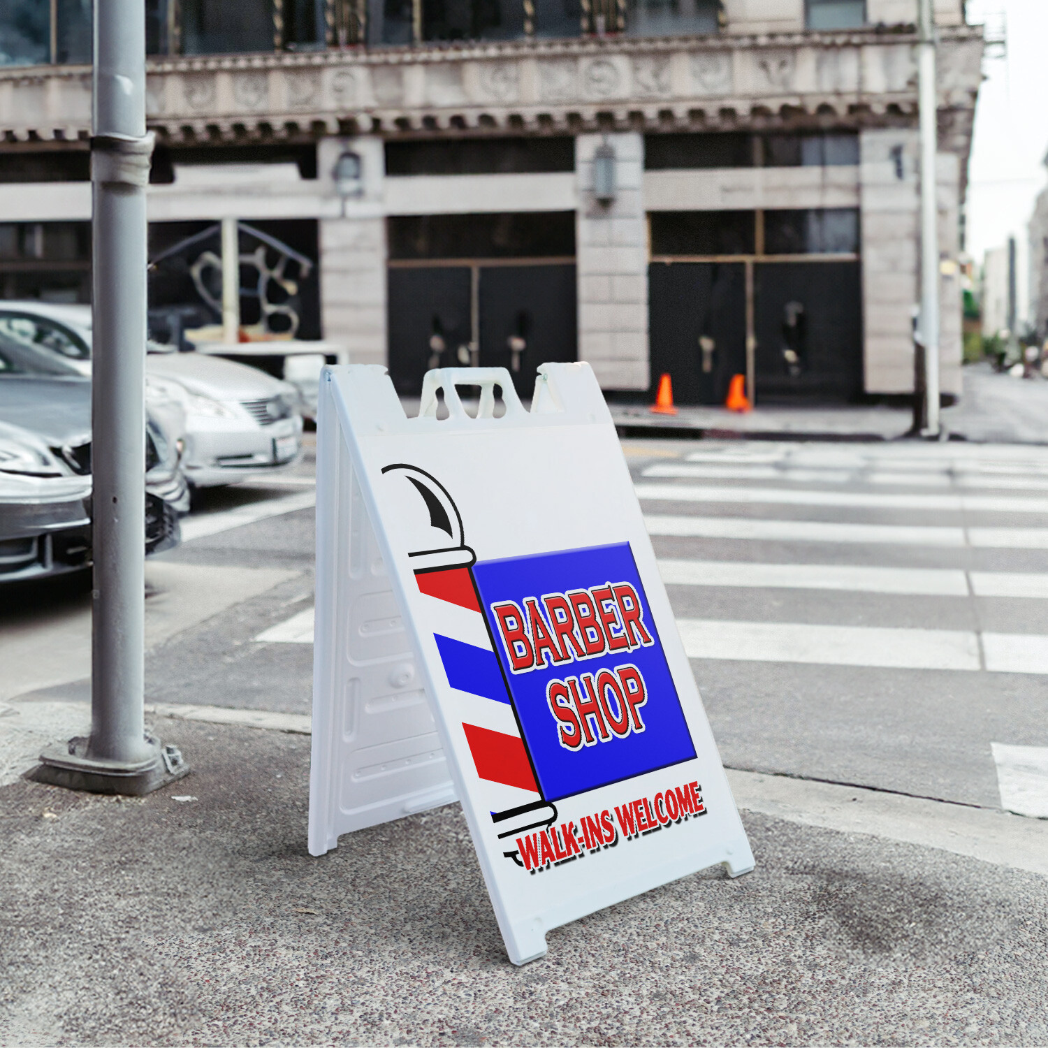 A-frame Sidewalk Barber Shop Walk-ins Welcome 24&Prime; x 36&Prime; Double Sided A-Frame Sid