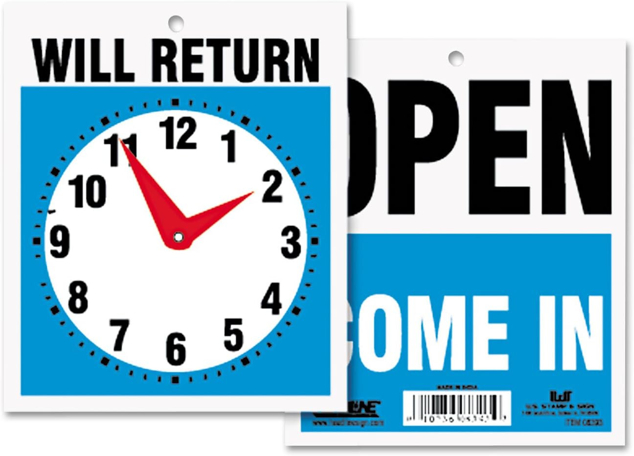 Sign Double-Sided Open/Will Return Sign with Clock Hands, Plastic, 7.5 X 9