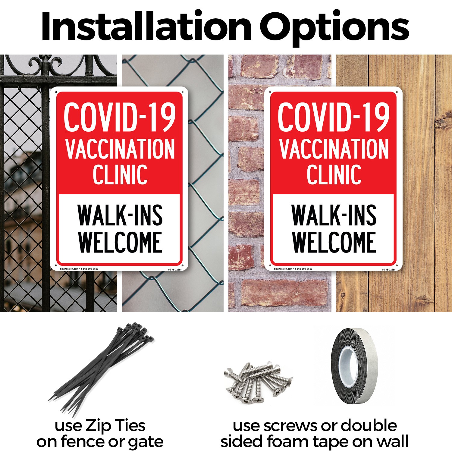 Covid-19 Vaccination Clinic Walk-Ins Welcome Public Safety Sign – 5 or 10 Pack