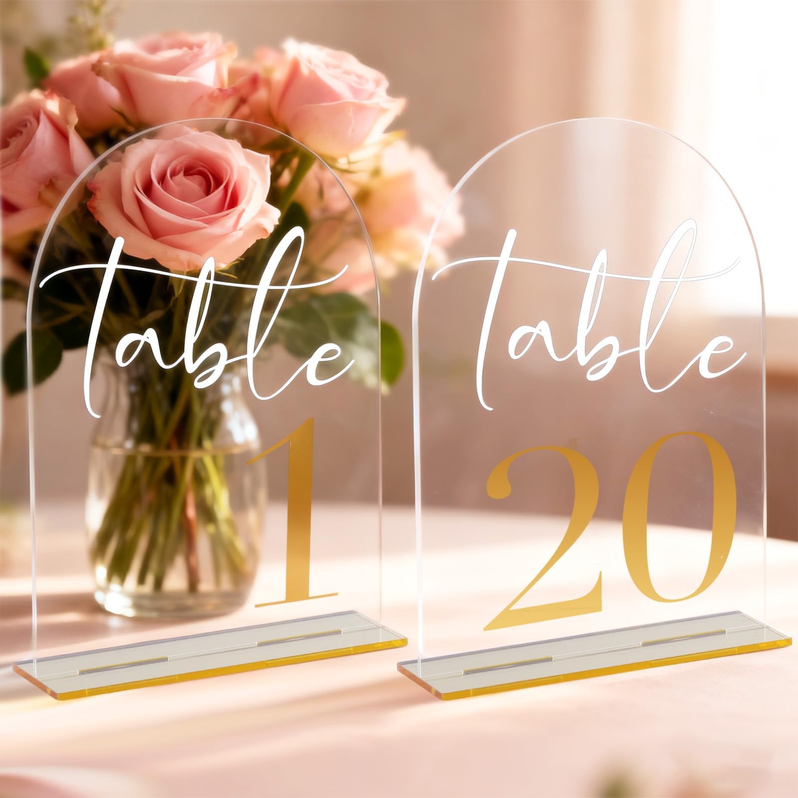 5×7 Inch Clear Arch Acrylic Wedding Table Numbers 120 Gold Font & Stands