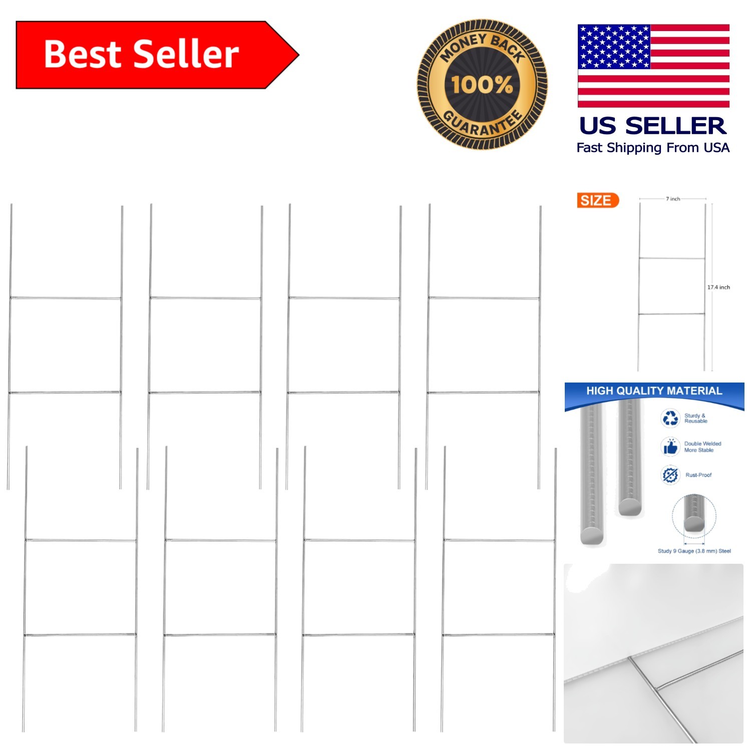8 Heavy Duty Metal H-Stakes for 4mm Signs – 17.4 » x 7 » Weatherproof Support