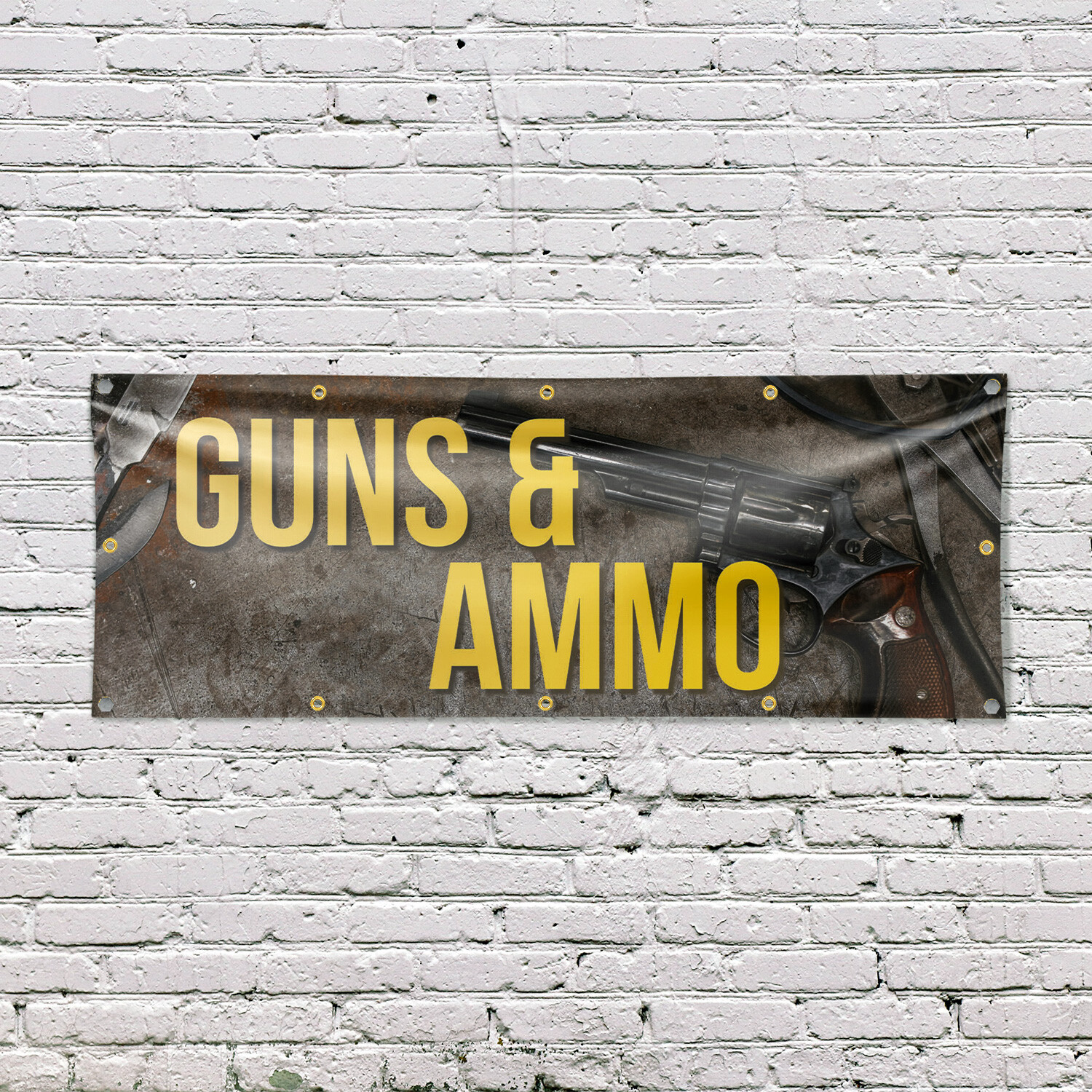 Guns Ammo 13 oz Vinyl Banner Sign with Metal Grommets Heavy-Duty Single-Sided