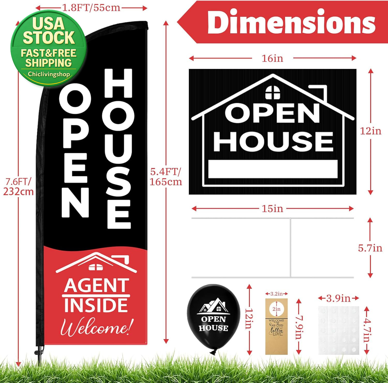 44 Pcs Open House Sign Kit Double Sided Flags Balloons Directions Real Estate