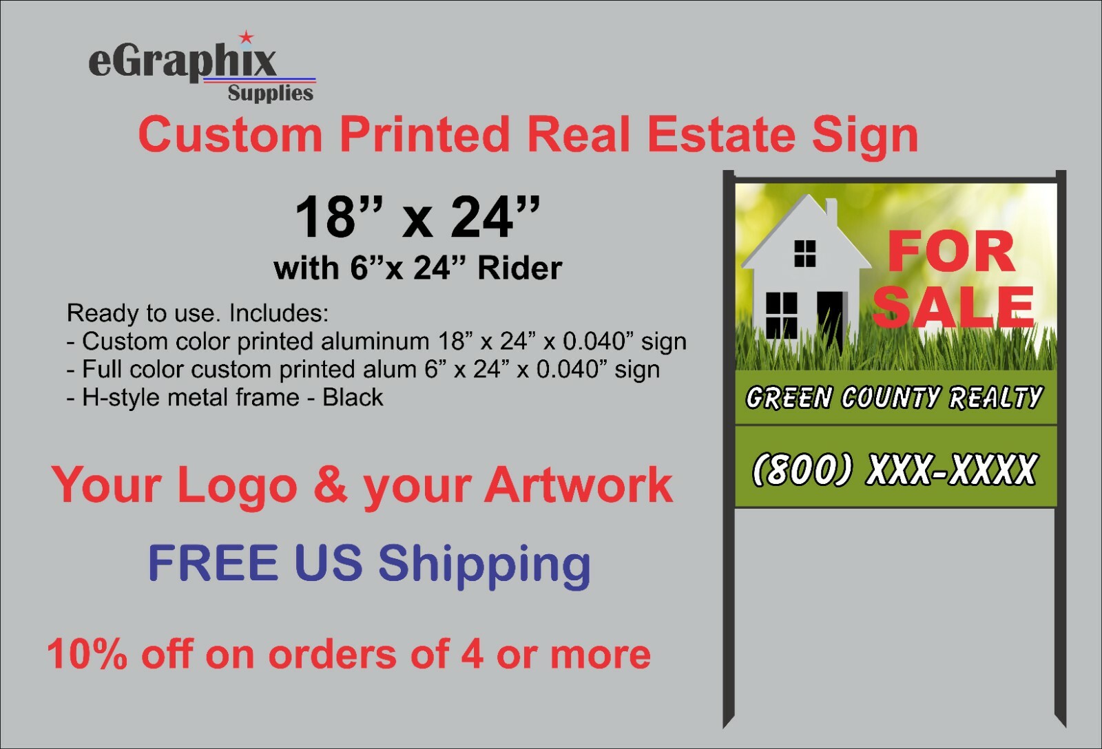 Custom Printed Real Estate Sign, 18&Prime; x 24&Prime; Alum with H-Style Black Metal Frame