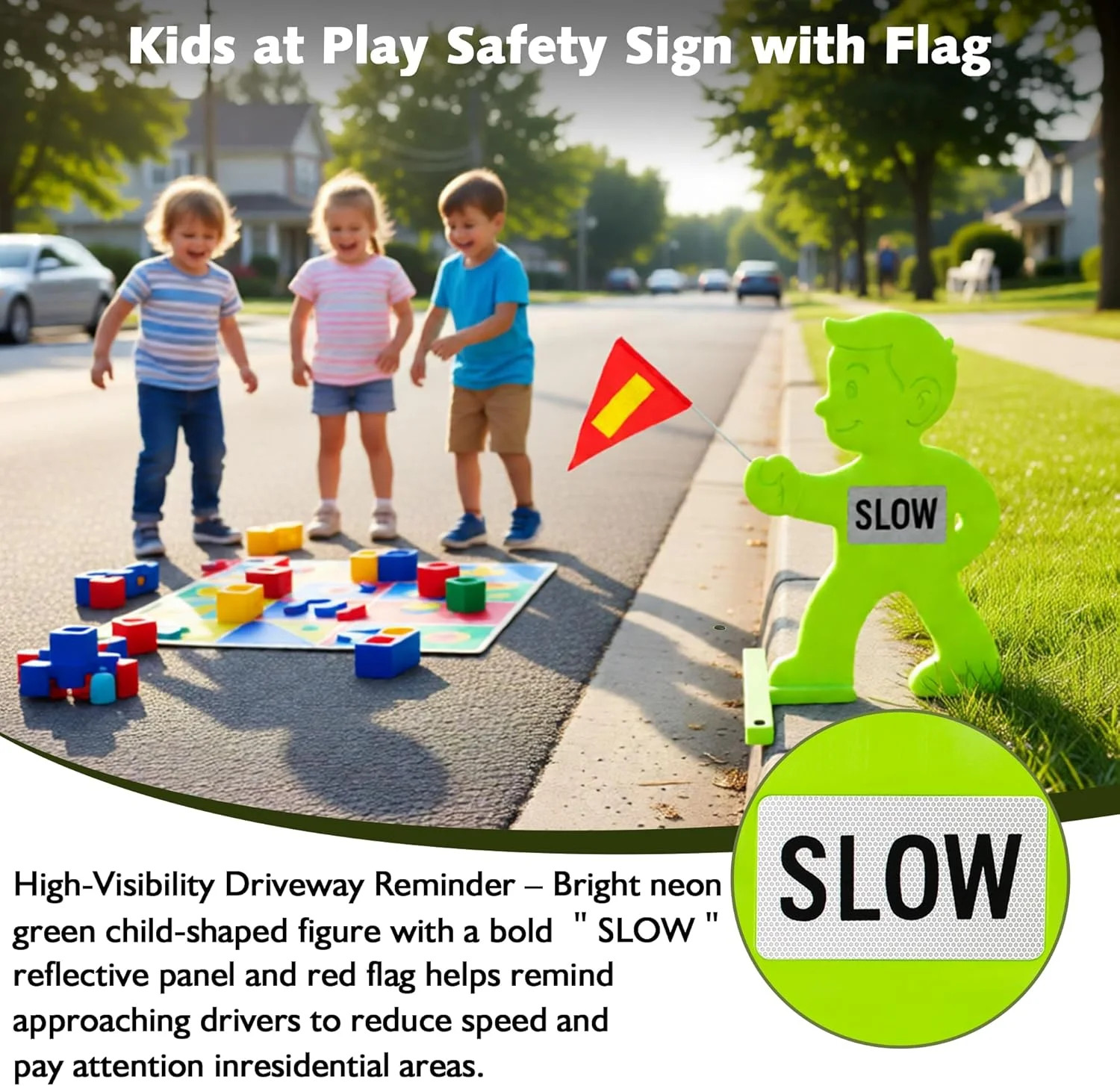 Outdoor Child Safety Sign – Kid Alert Street Safety Sign – 31 Inch Green Caution