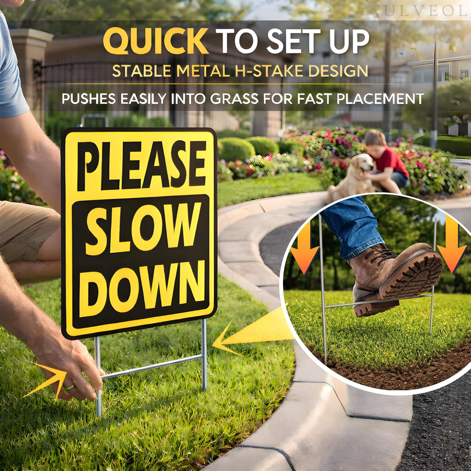 Set of 3 Double Sided 8×12 Inches « Please Slow Down » Sign with Metal H-Stakes…