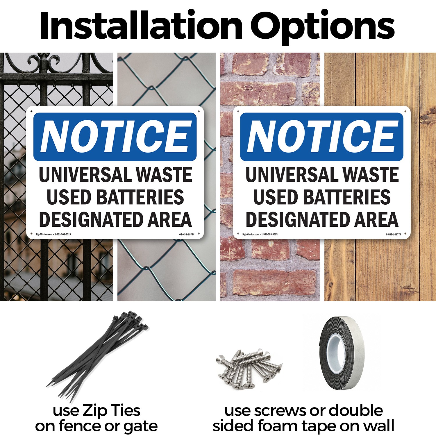 Universal Waste Used Batteries Designated Area OSHA Notice Sign – 5 or 10 Pack