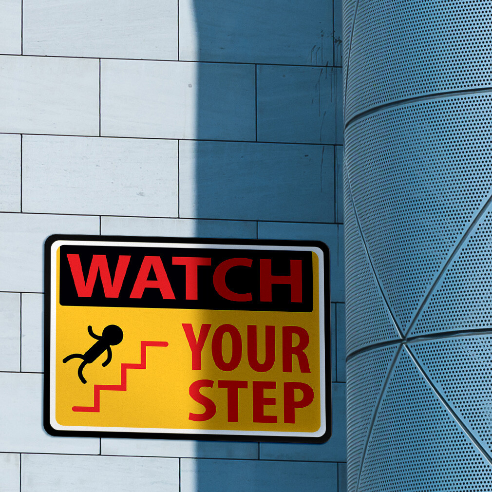 Horizontal Metal Sign Watch Your Step Yellow Weatherproof Street Signage