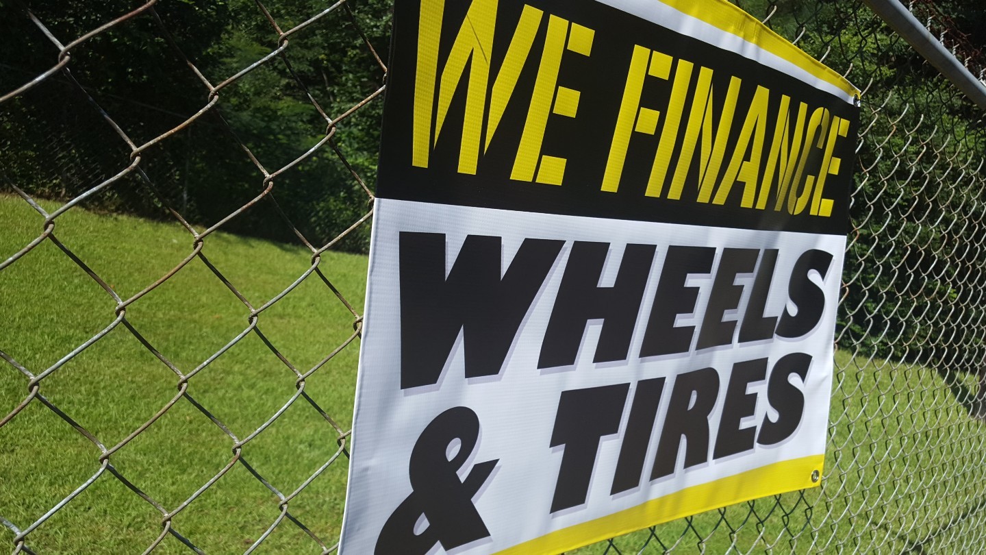 WE FINANCE WHEELS & TIRES Banner Display Mechanic Open Shop Poster Rims Llantas