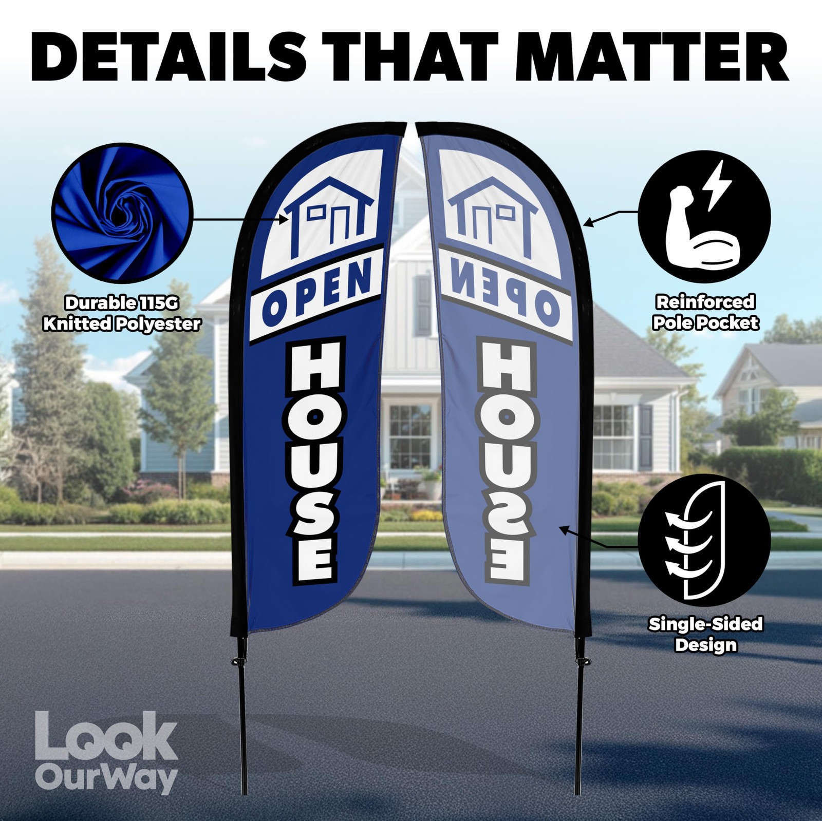 LookOurWay Feather Flag Set – 5ft Tall Advertising Banner Flag with Pole Kit and