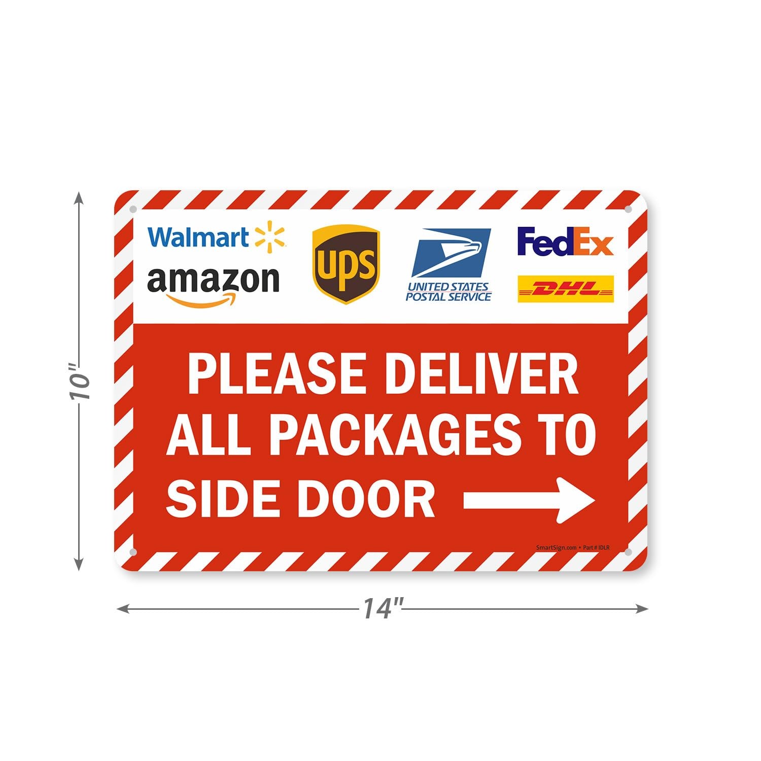 Deliver Packages To Side Door Sign Right Arrow 14×10 Inch Aluminum Striped