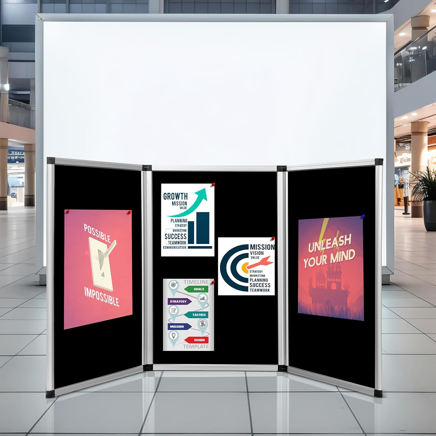 Tri-Fold Trade Show Display Board, 72&Prime;x35&Prime; Black Tabletop Presentation Panel