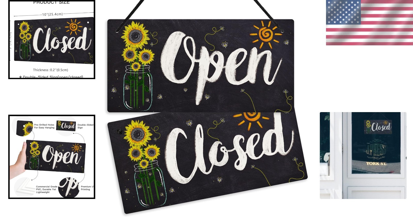 Weatherproof Open Closed Sign – 10×5 Inches PVC Hanging Sign for Cafes & Shops