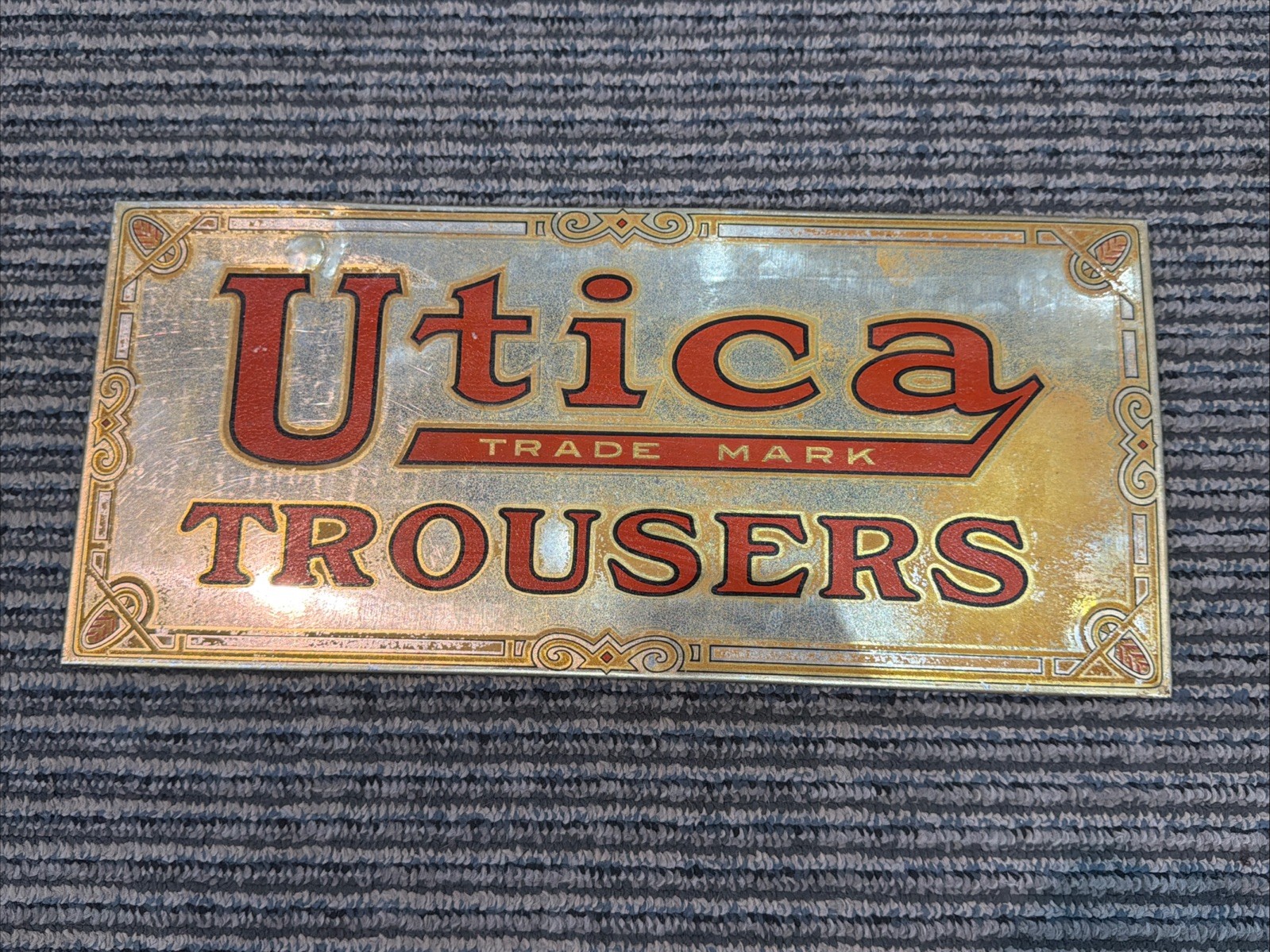 Vintage Advertisement Hanging Sign Display Utica Trousers New York NY Trade Mark