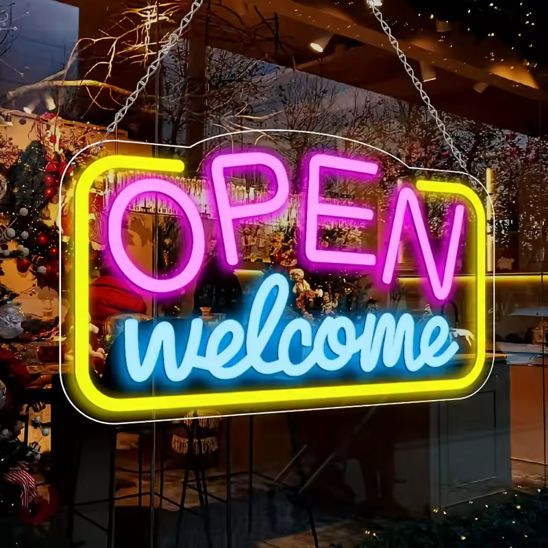 USB Powered Vibrant Multicolor LED Neon « OPEN WELCOME » Sign | Battery-Free with