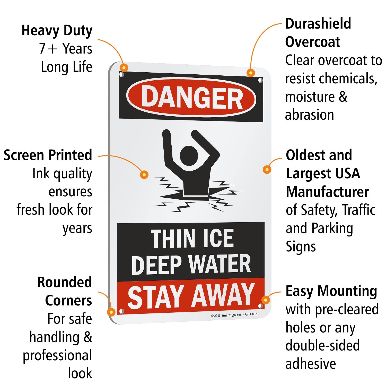 Danger Thin Ice Deep Water Stay Away Sign 7×10 Inch Aluminum Safety Mark