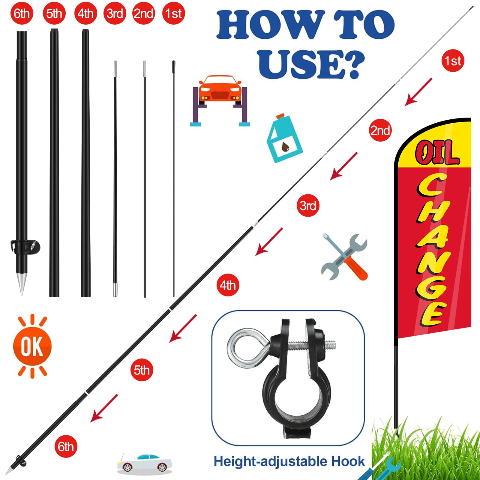 Hahafelt 3 Sets Auto Repair Feather Flag Pole Kit 7 Ft Large Advertising Flags