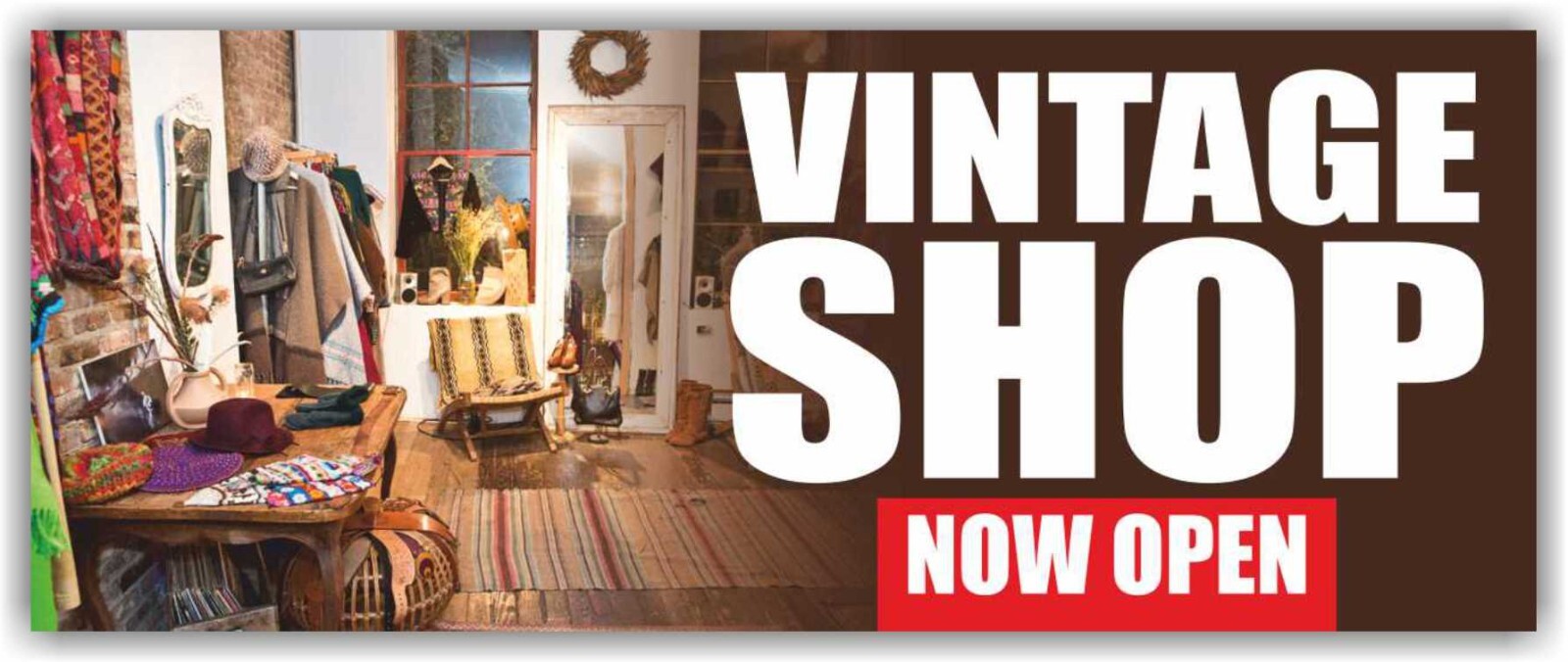 VINTAGE SHOP OPEN Advertising Banner Vinyl Mesh Sign ANTIQUE STORE COLLECTIBLES