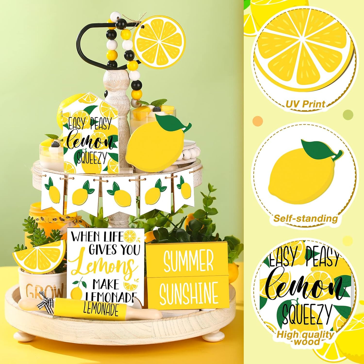 14 Pcs Summer Lemon Tiered Tray Decor Set Summer Table Decoration Lemonade Woode