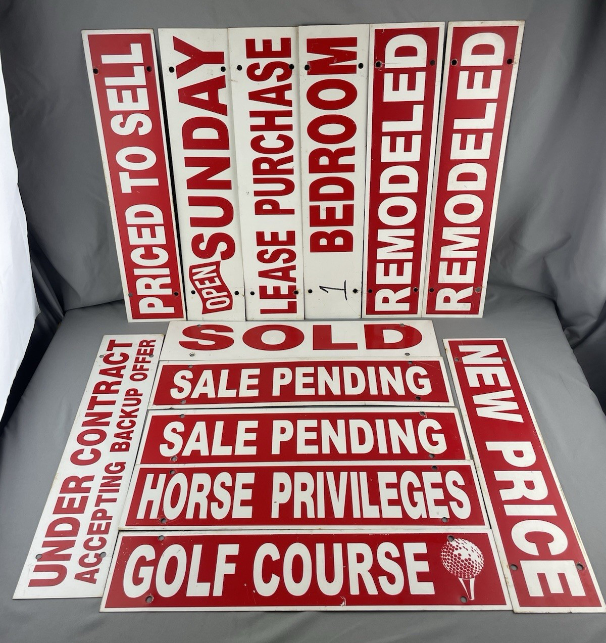 Lot of 13 Metal Real Estate Hanging Signs 4&Prime; x 18&Prime; Golf Course Horse Privileges