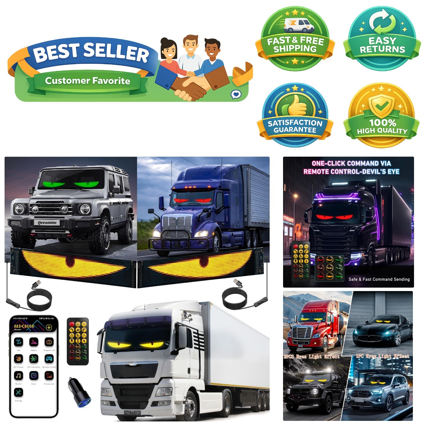 Customizable 23&Prime; x 5&Prime; LED Eyes for Car Windshield – Bluetooth & USB Powered