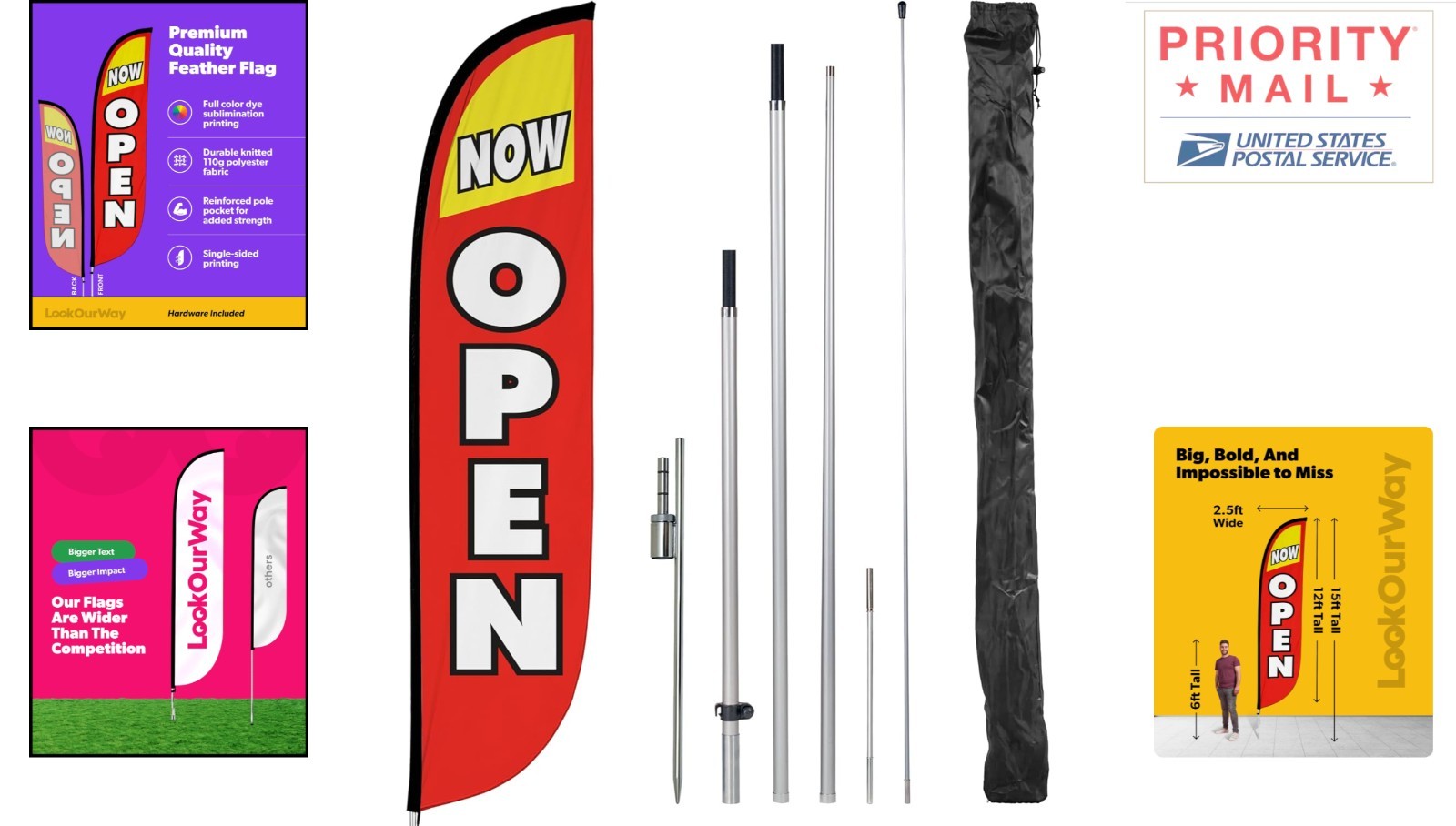 12ft Now Open Feather Flag Pole Kit with Ground Spike Red Yellow for Outdoor Use