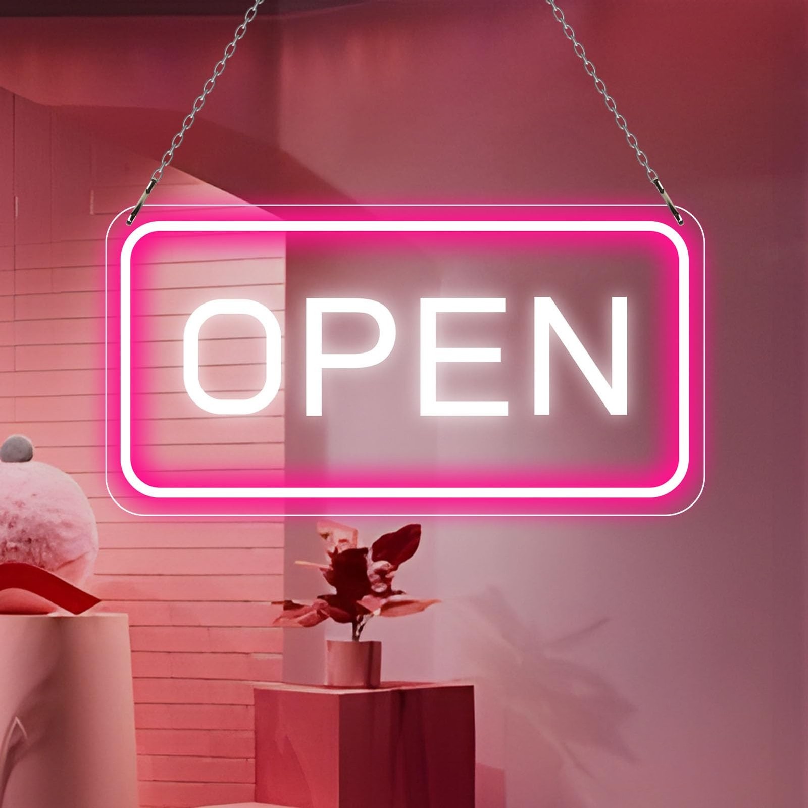 Neon Open Sign – 16 »x 9 » LED Sign, Super Bright Pink & White Neon Light, ON…