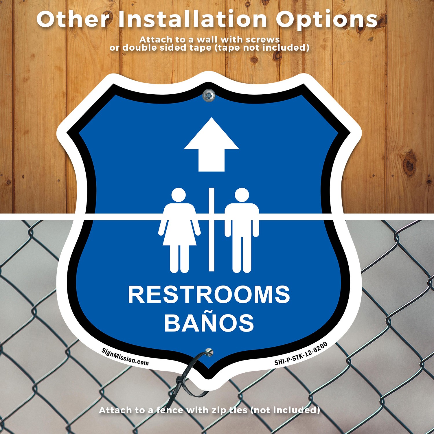 Restrooms Ba�os Up Arrow Bilingual English / Spanish Shield Sign With Stake