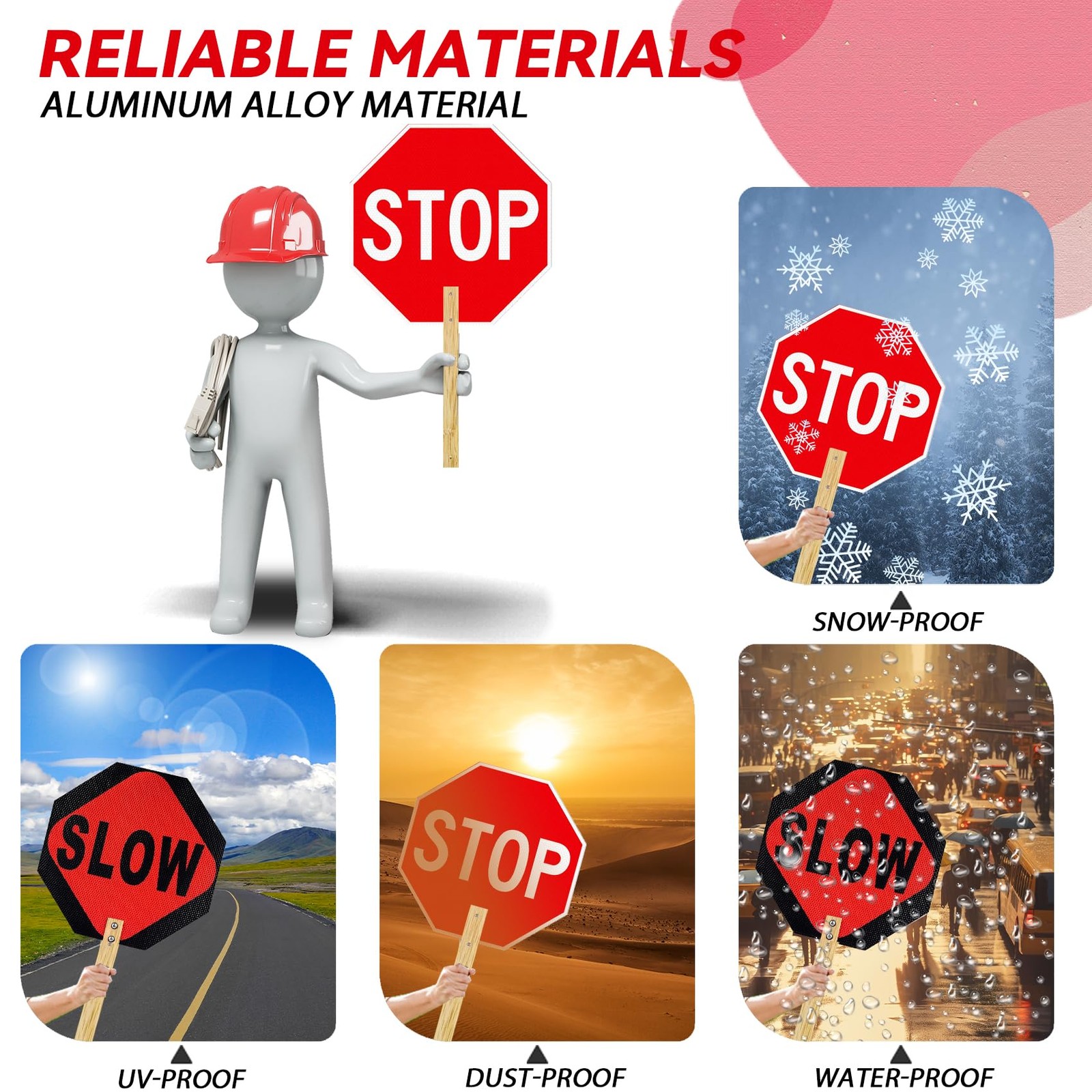 4 PCS Stop Slow Handheld Sign Aluminum Crossing Guard 13×13 Inch Reflective
