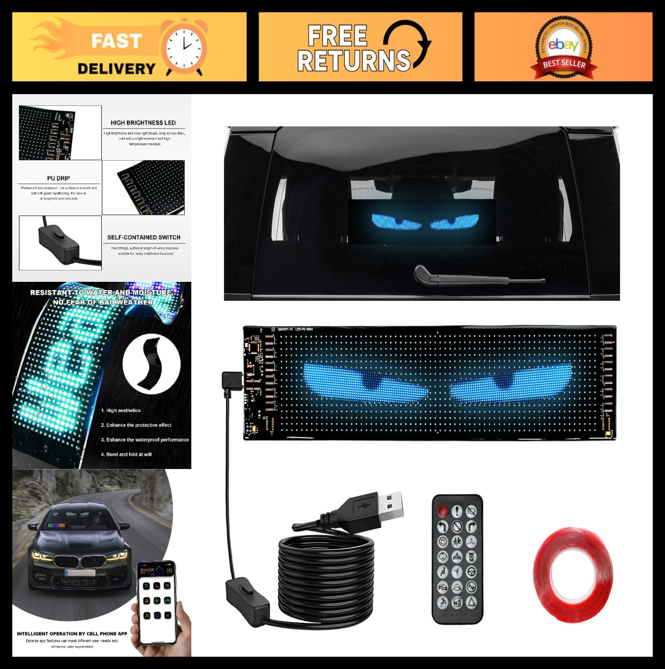 Programmable LED Scrolling Sign 14.7&Prime;x3.6&Prime; Bluetooth Custom Text Display for Car