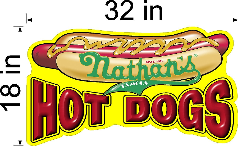 18&Prime; x 32&Prime; FULL COLOR VINYL DECAL NATHANS HOT DOGS IN YELLOW BACKGROUND