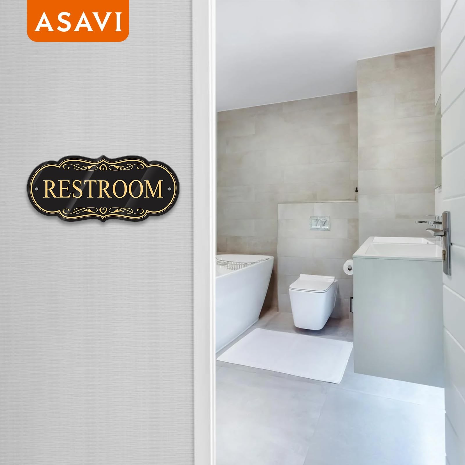 Restroom Sign 8×3.5 Inch Waterproof Acrylic Adhesive Black Gold