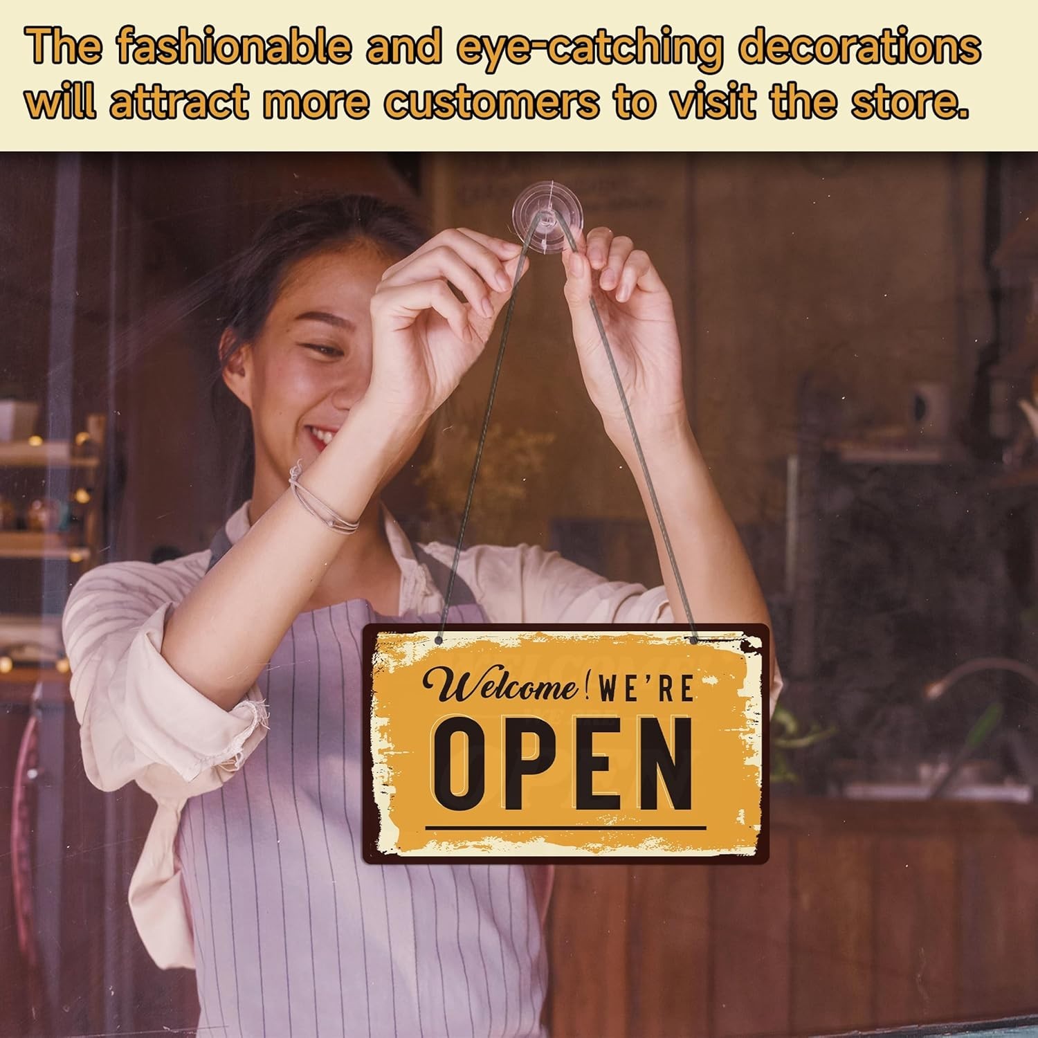 Open Closed Sign for Business, 10&Prime; X 6&Prime; Double Sided Plastic Sign with Twine, Su