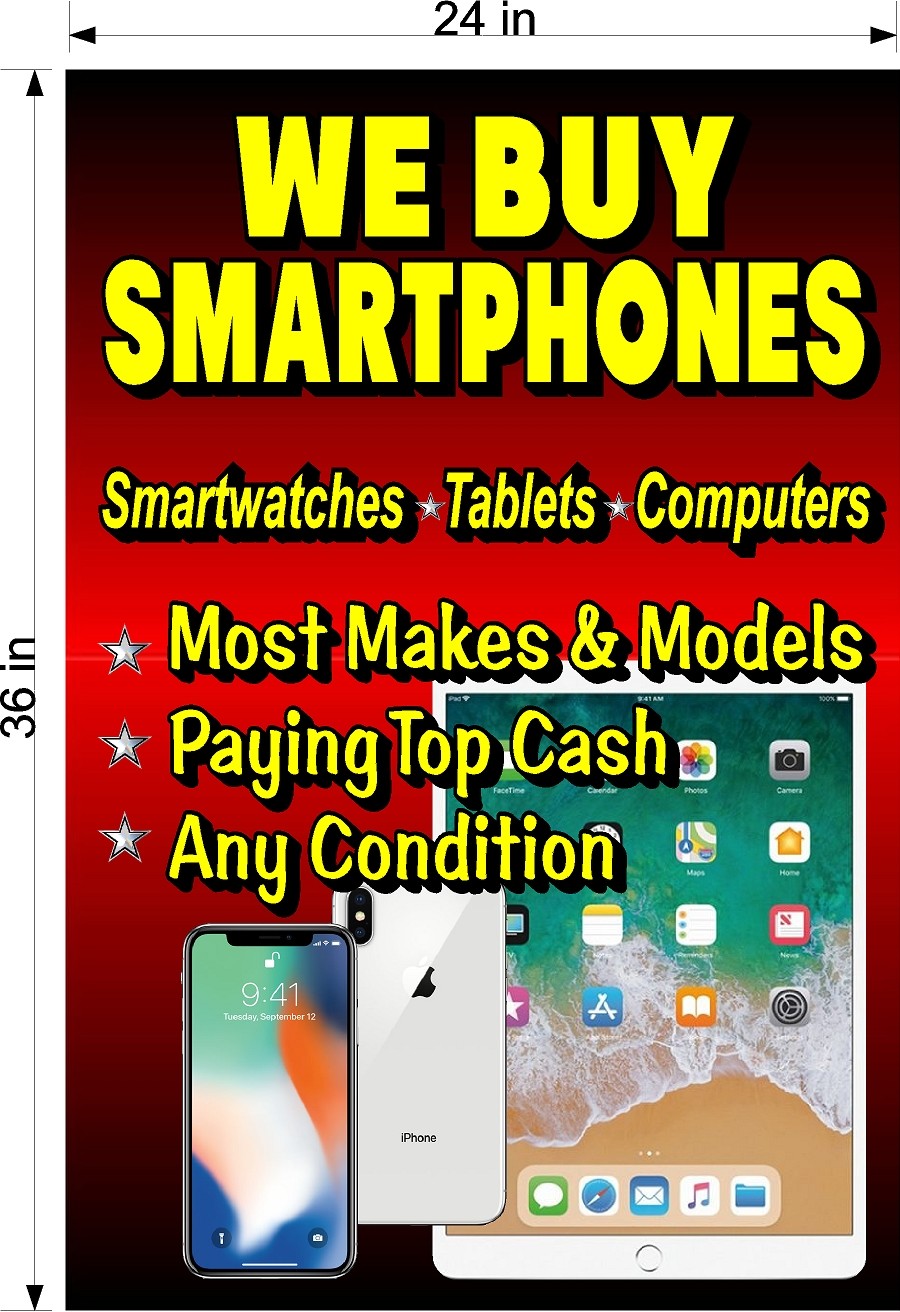 NEW! PERFORATED WINDOW VINYL DECAL 2&prime; X 3&prime; WE BUY SMARTPHONES SMART PHONES