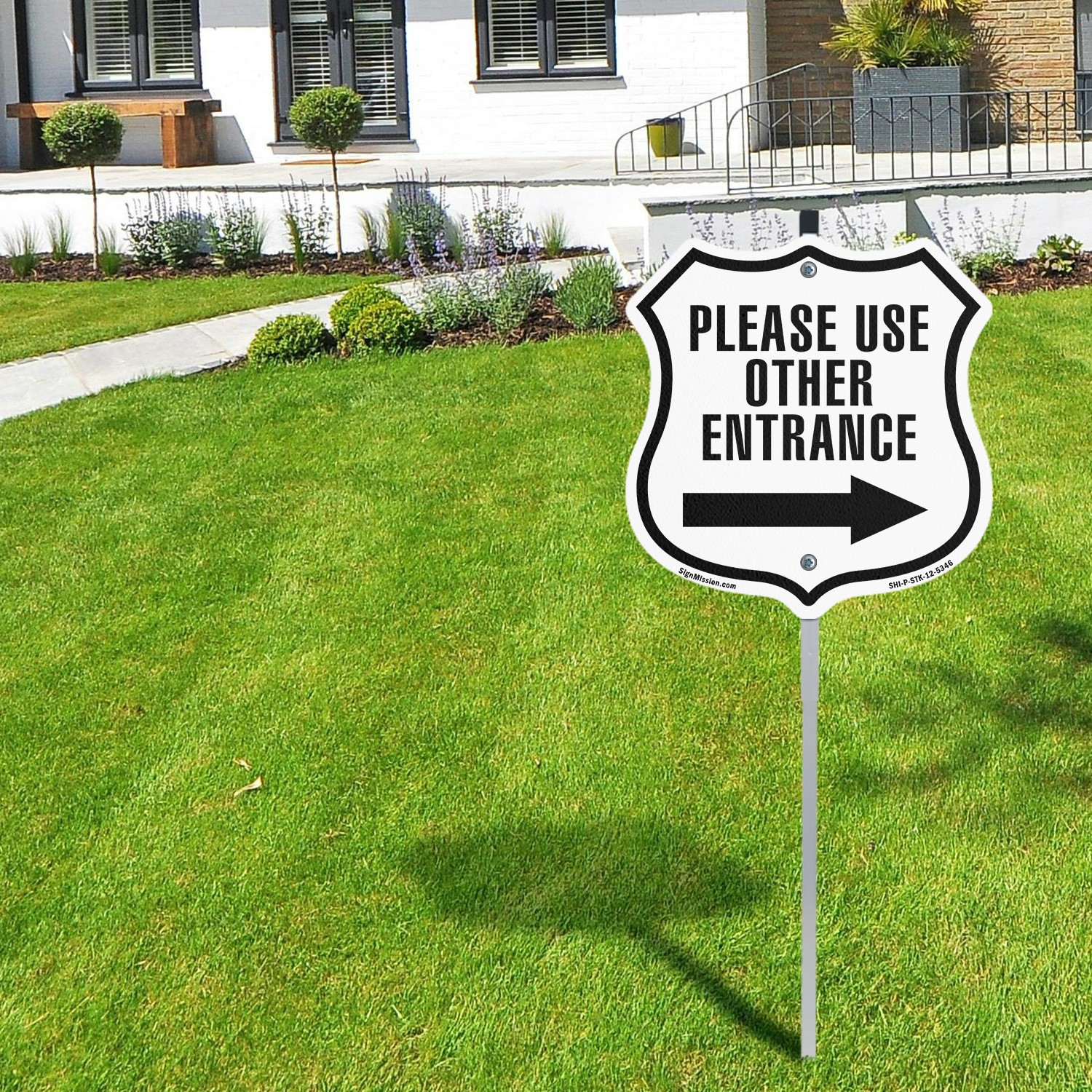 Please Use Other Entrance Right Shield Shaped Sign With Stake Weather Resistant