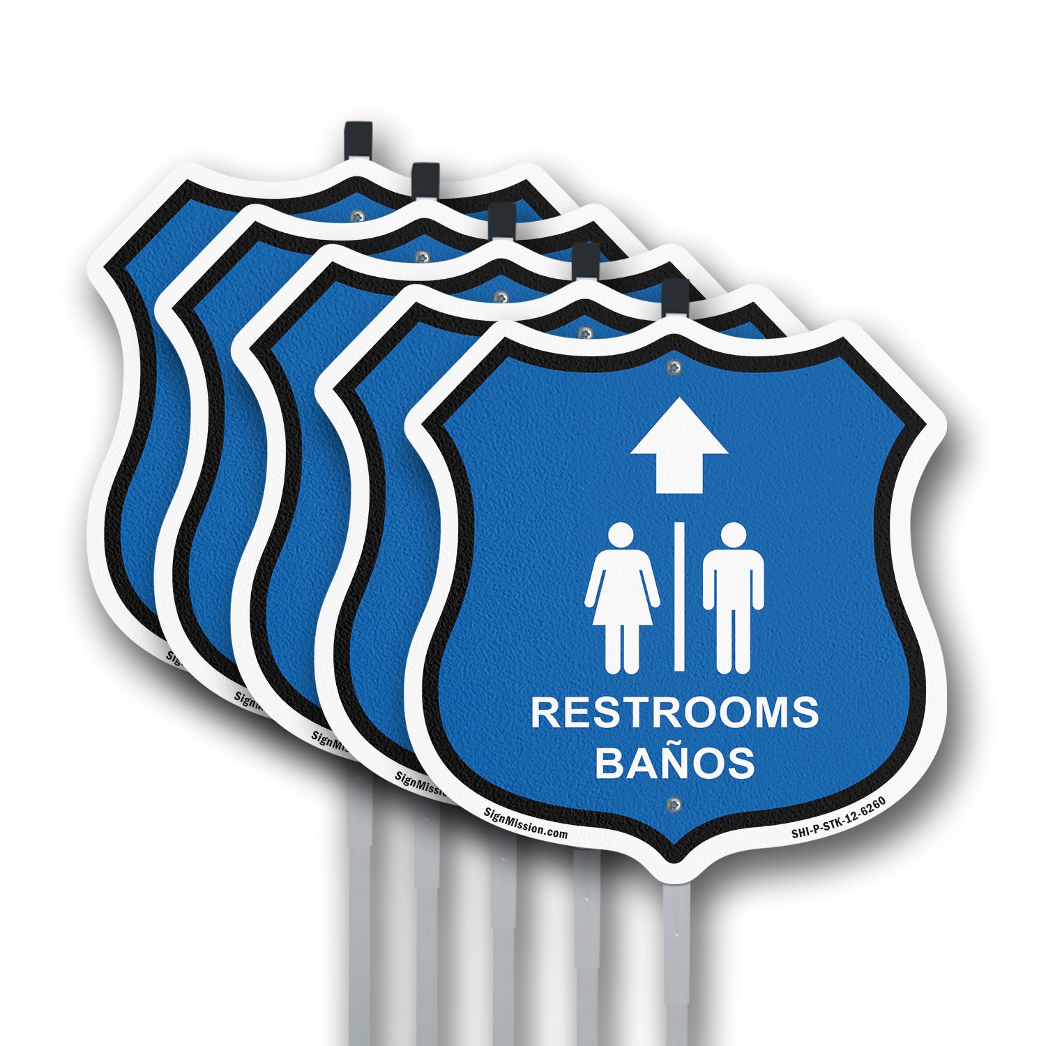 Restrooms Ba�os Up Arrow Bilingual English / Spanish Shield Sign With Stake